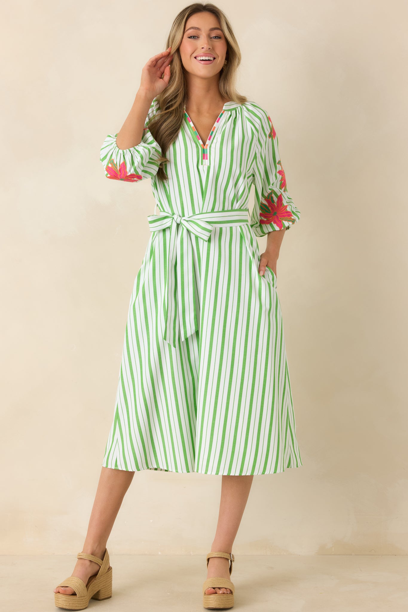 Women's Having a Bright Outlook Green Stripe Floral Midi Dress | Size: S | Red Dress Women's Having a Bright Outlook Green Stripe Floral Midi Dress | Size: S | Red Dress