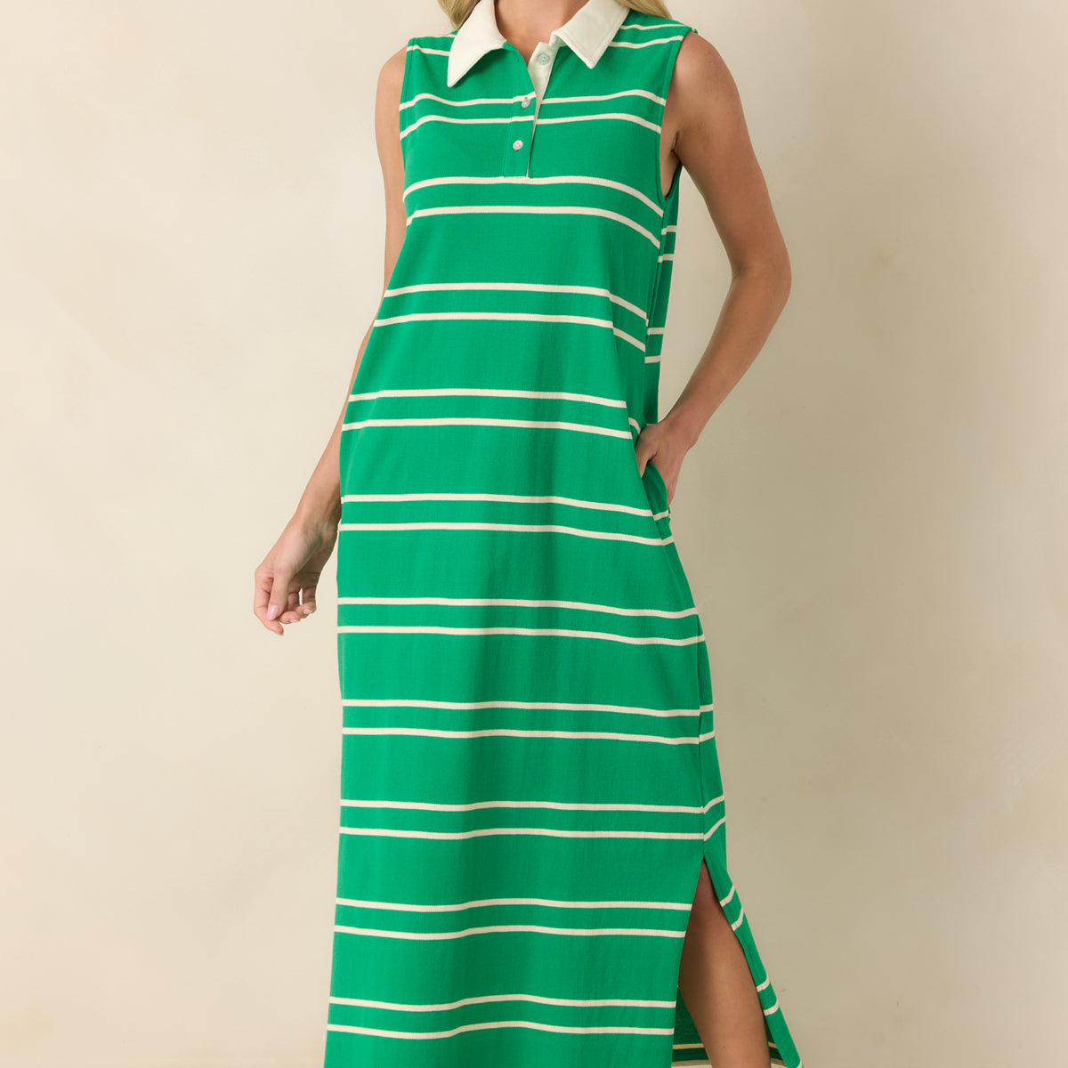 Women's Polished Play Green Stripe Cotton Sleeveless Maxi Dress | Size: S | Red Dress