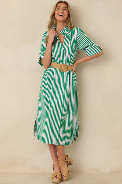 green and red striped dress In Perfect Order Green Stripe Button Front Ruffle Collar Midi Shirt Dress