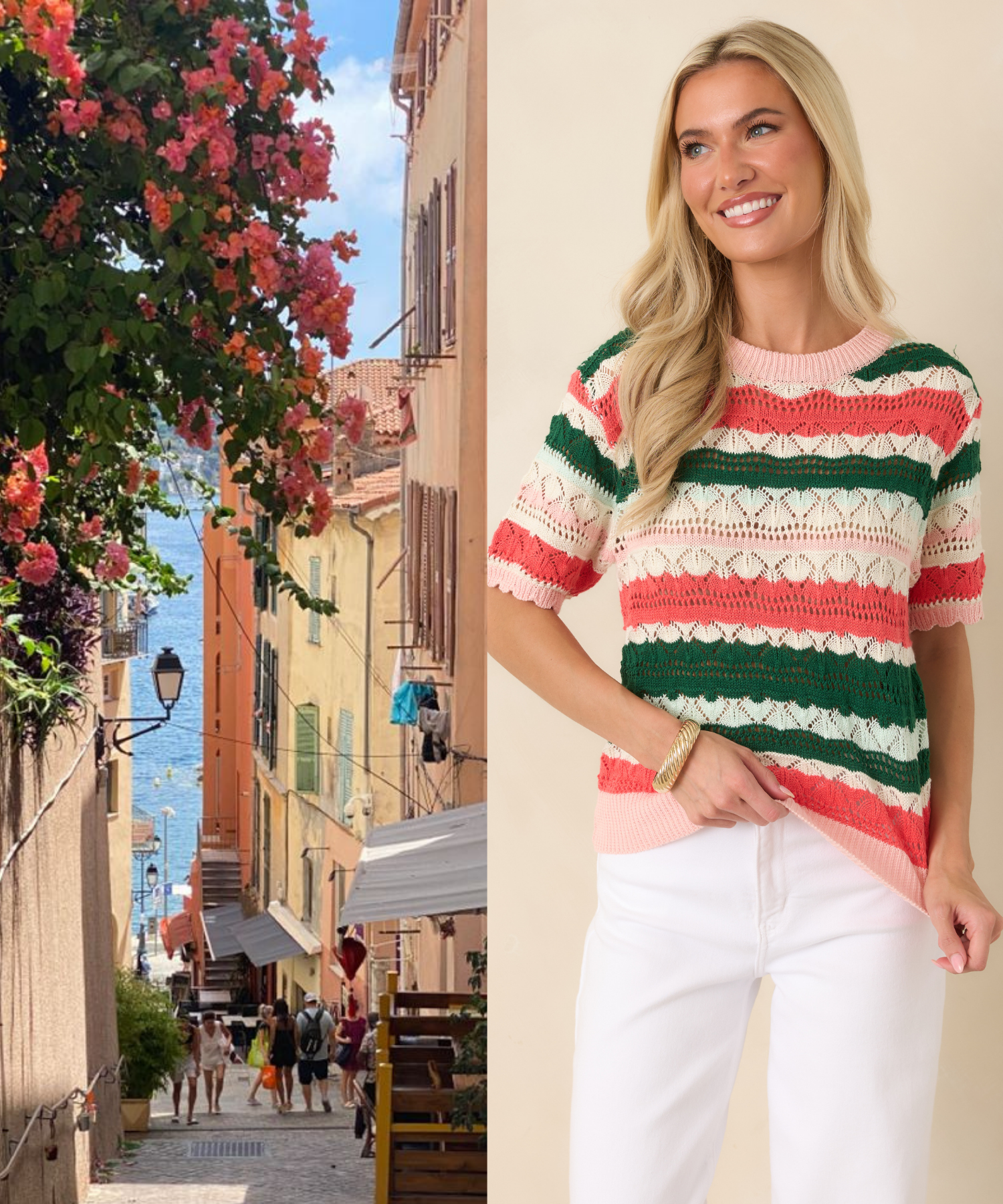 Split image of a French Riviera backdrop on the left, and a woman on the right wearing a light-weight, green and coral, short sleeve knit sweater. 