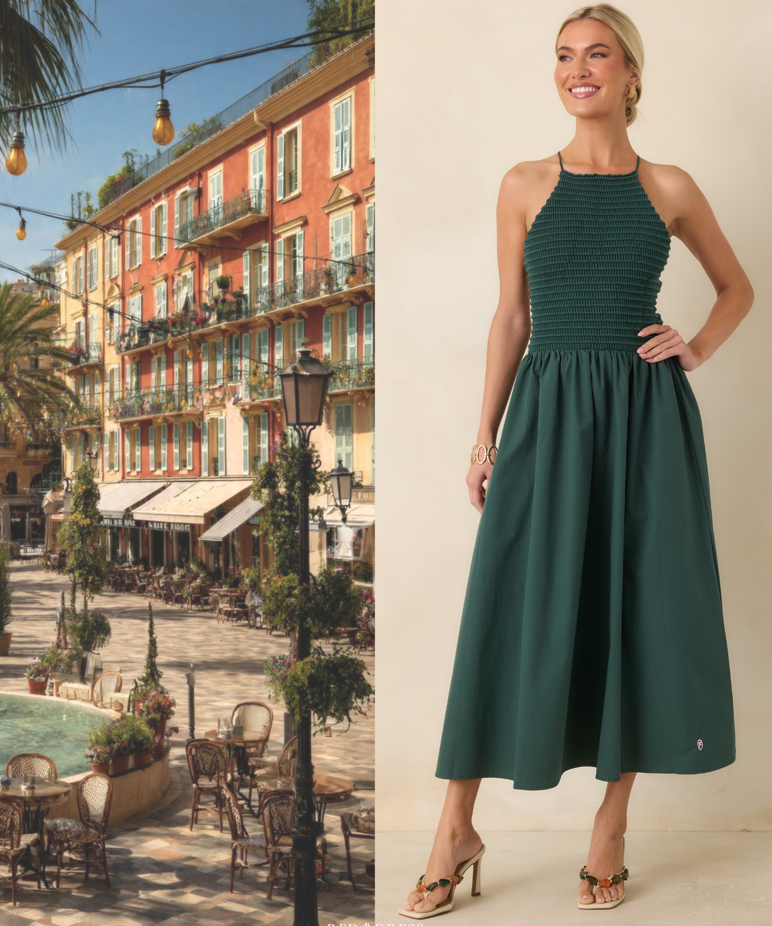Split image of a French Riviera backdrop, and a woman against a beige backdrop, wearing a green, high-neck midi dress. 