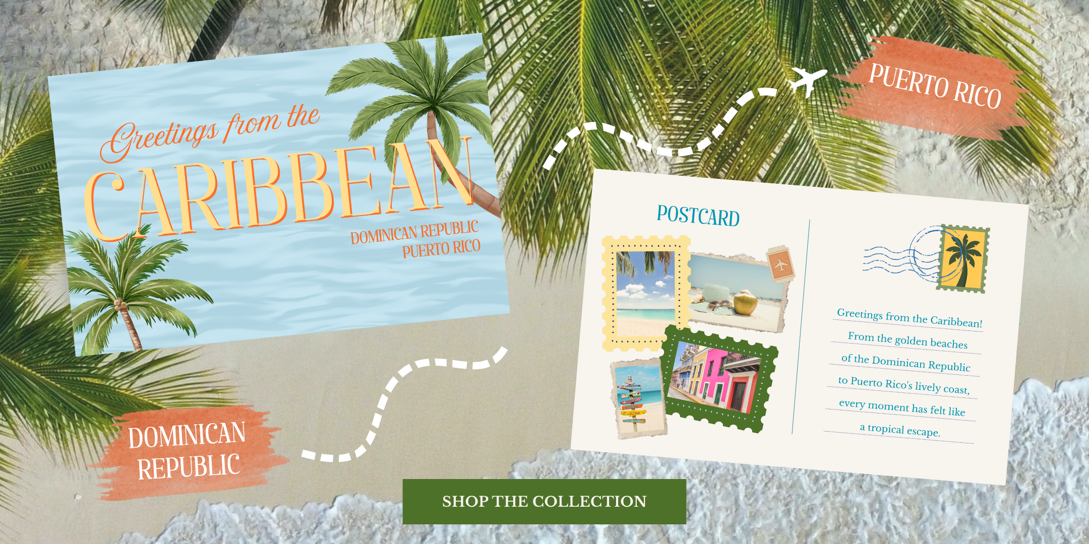 Beach backdrop with postcards from the Caribbean and text overlay.