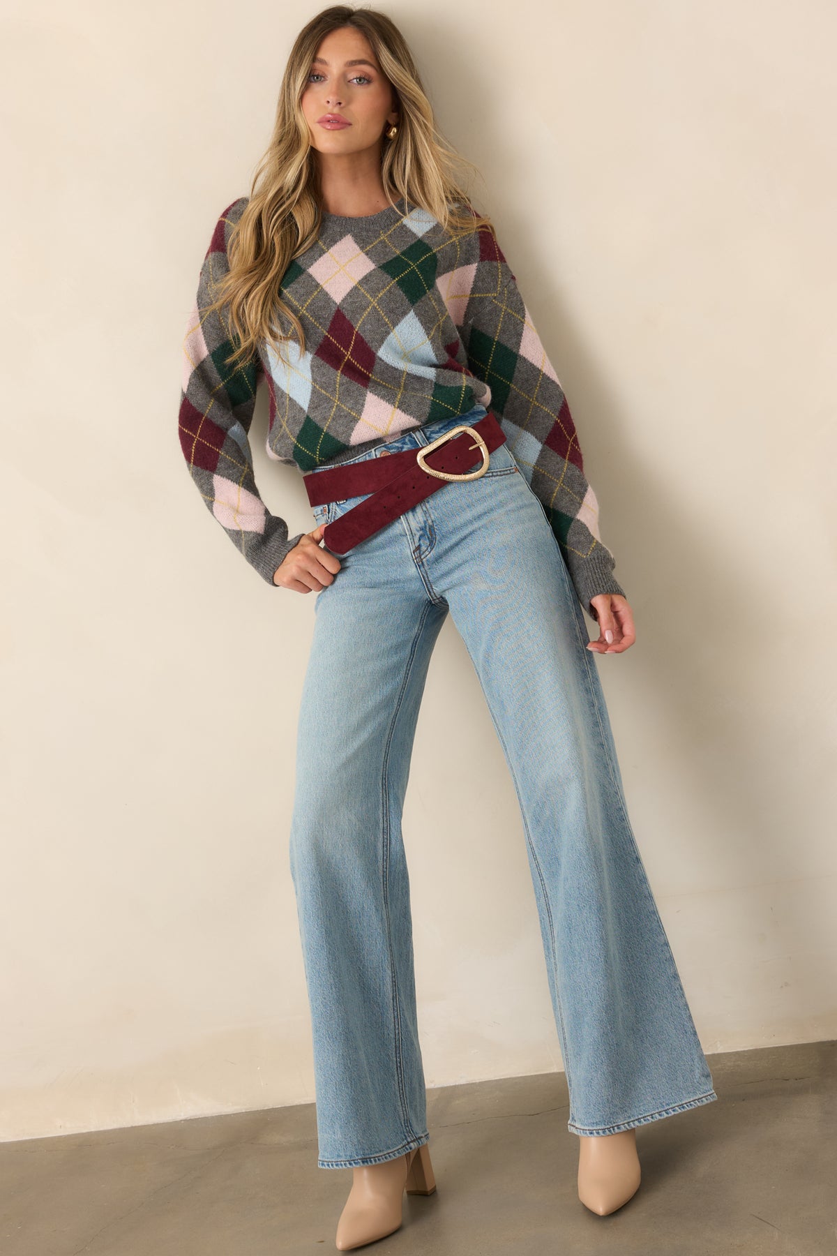 Grey argyle knit top with burgundy, forest green, blush pink, light blue, and golden yellow accents.