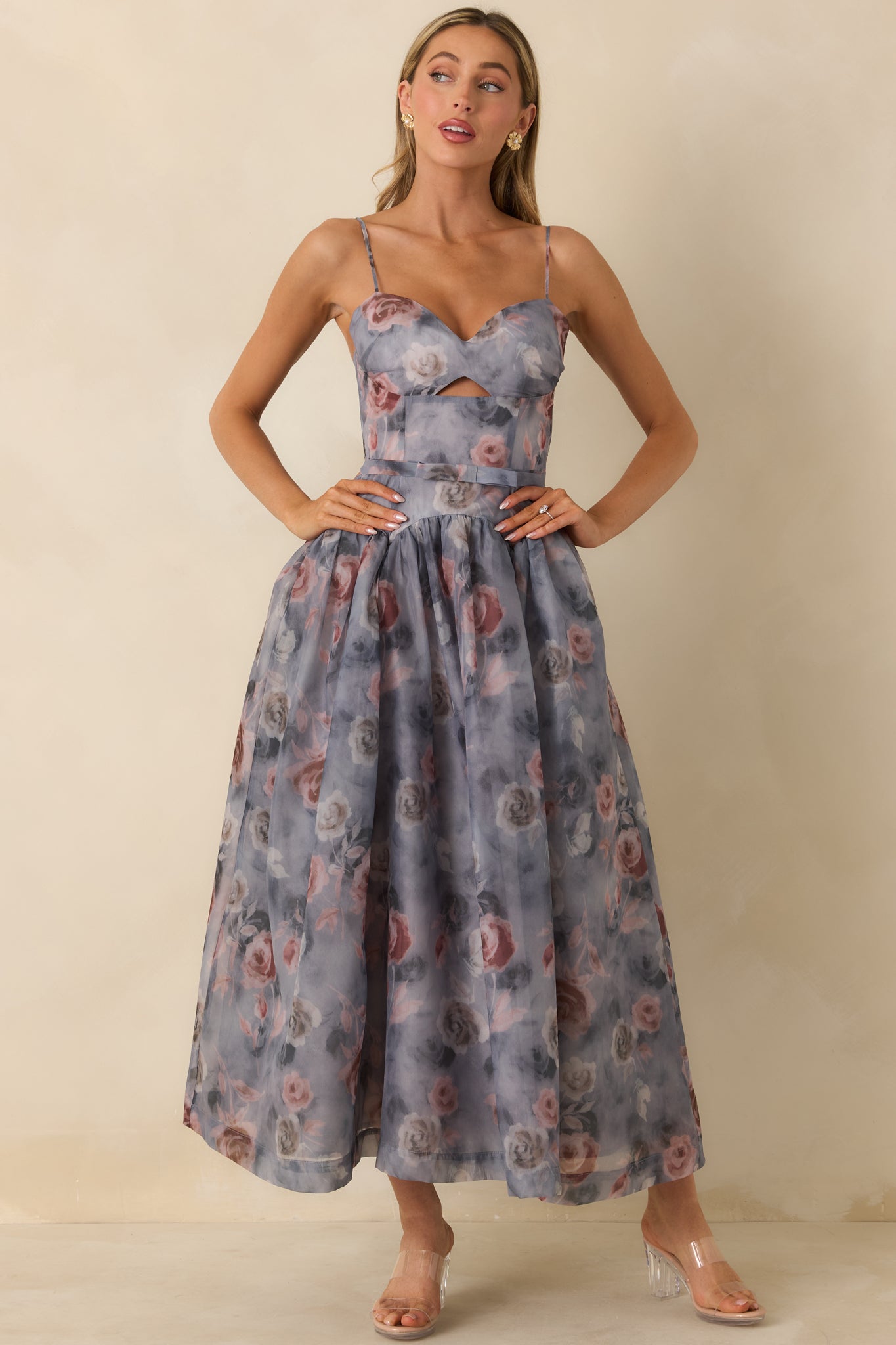 Front view of grey floral midi dress with defined waist seam and fully lined, strapless design.