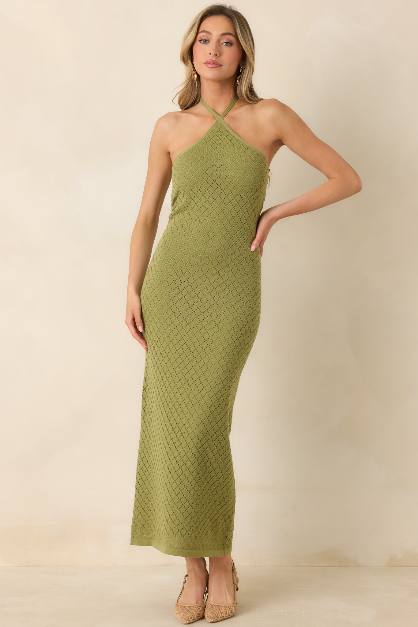Red Dress | Olive Green Textured Knit Halter Midi Dress