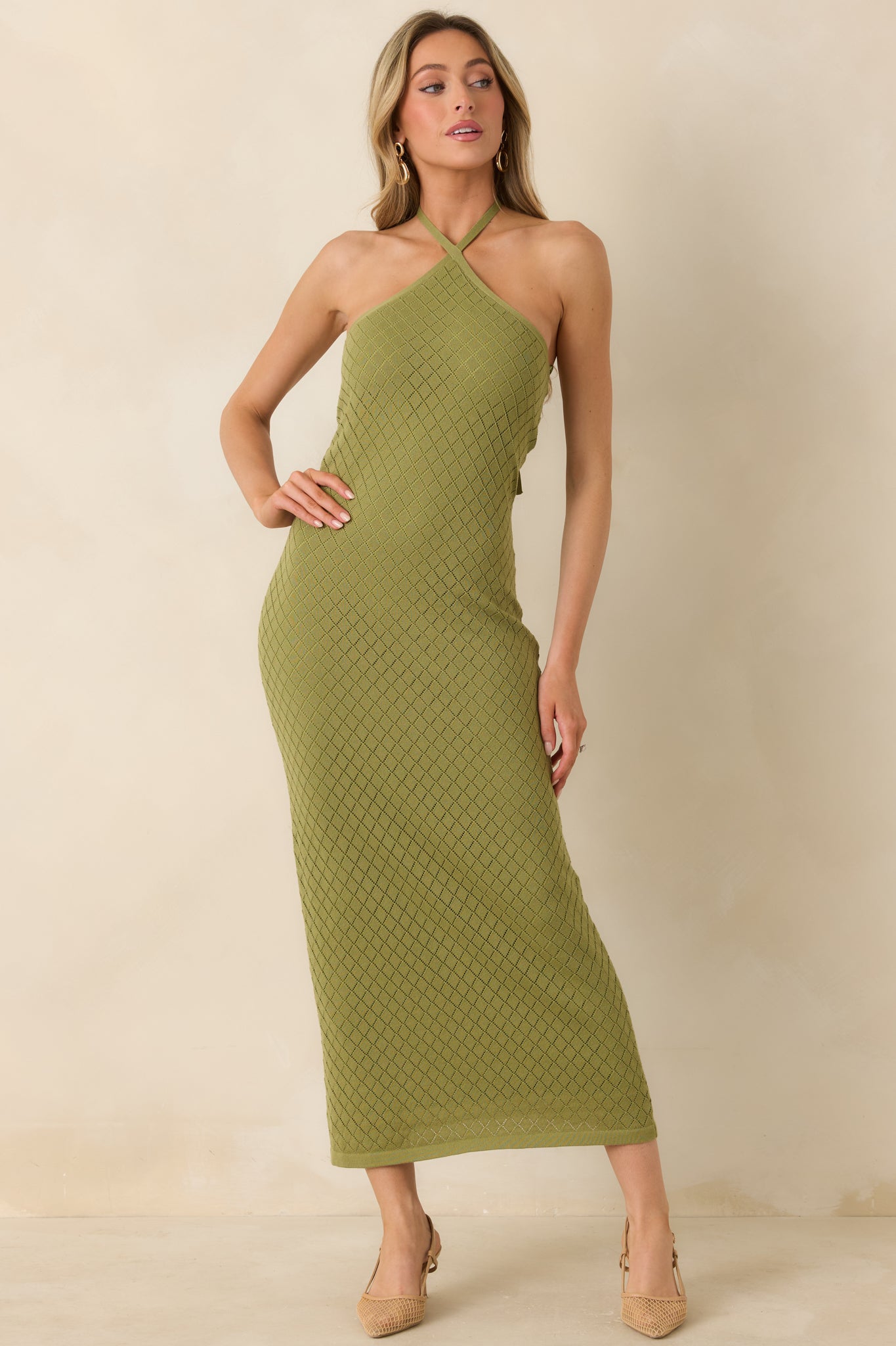 Women's Causing a Heatwave Olive Green Textured Diamond Knit Halter Midi Dress | Size: M | Red Dress Women's Causing a Heatwave Olive Green Textured Diamond Knit Halter Midi Dress | Size: M | Red Dress