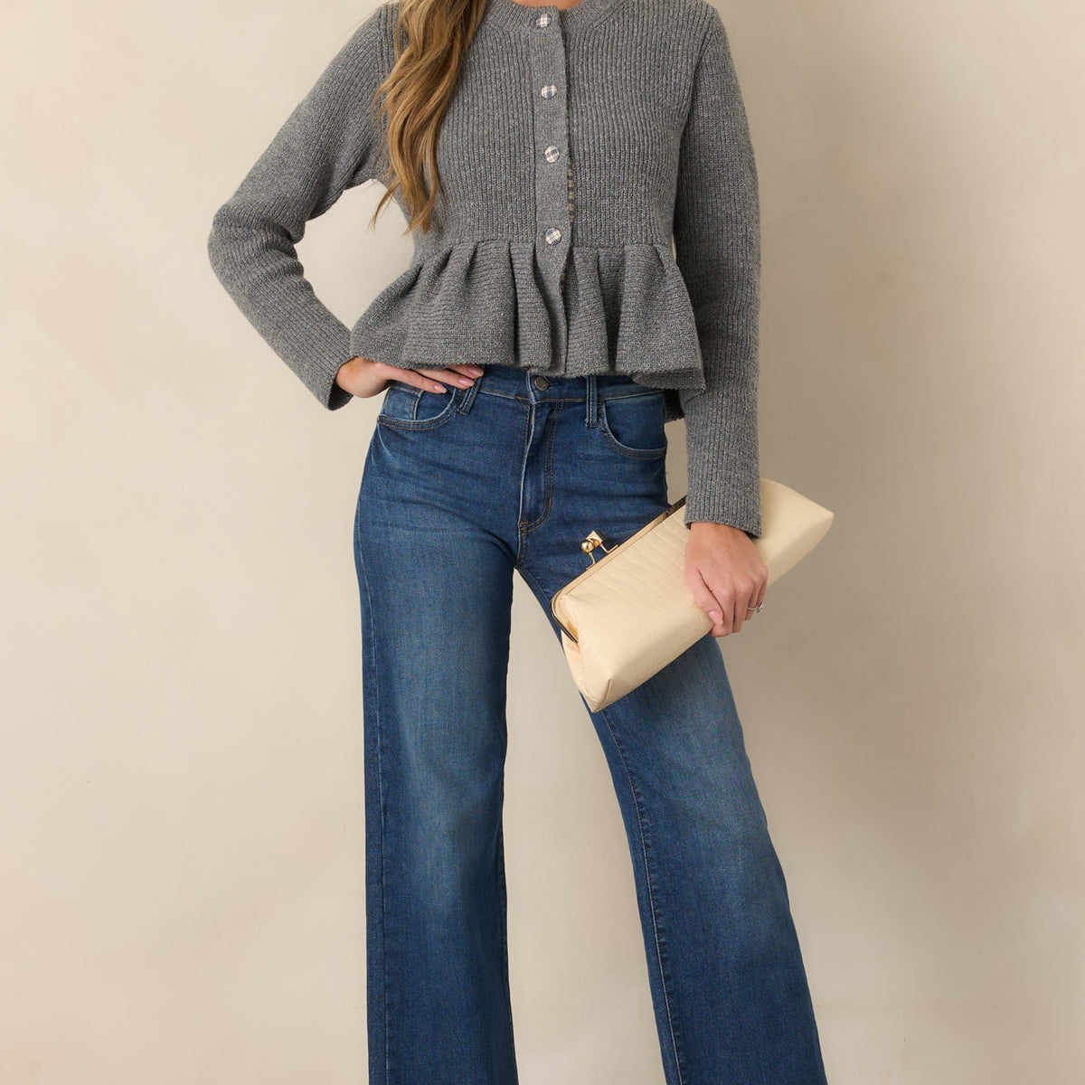 En Saison Annie Heather Gray Plaid Trim Peplum Cardigan | En Saison