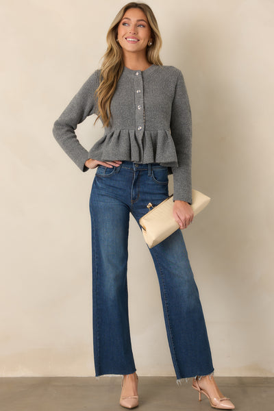 En Saison Annie Heather Gray Plaid Trim Peplum Cardigan | En Saison