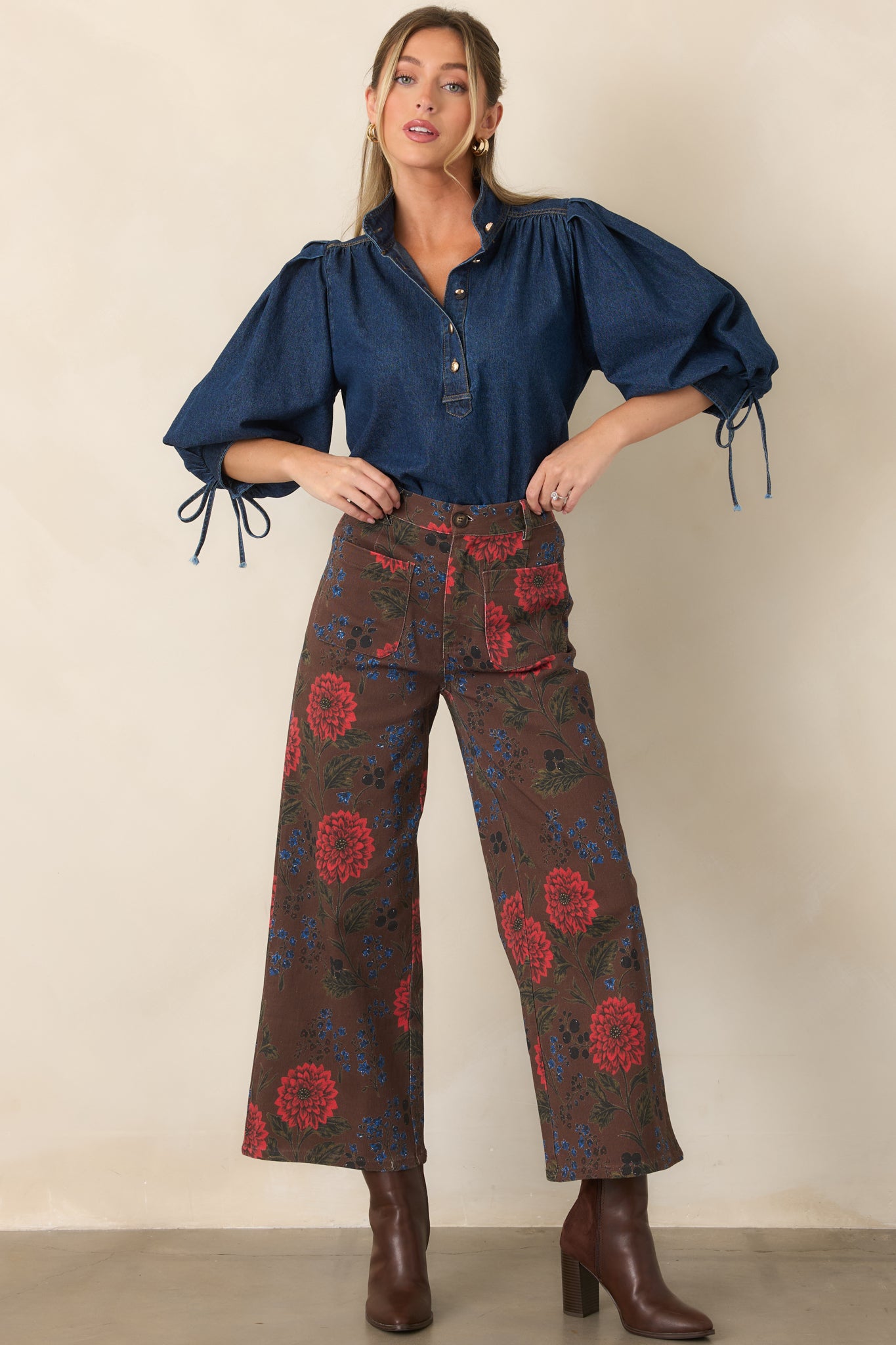 High-rise cotton-blend pants featuring a vibrant botanical pattern and oversized front patch pockets for a utility-inspired finish.