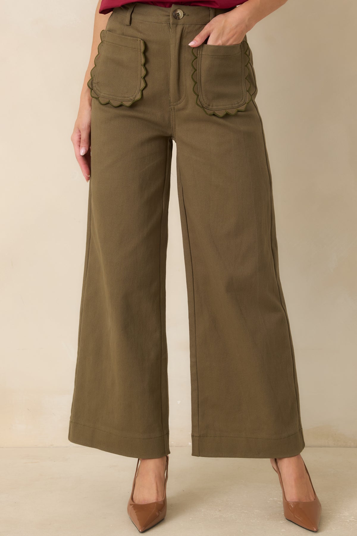 Close view of the high-rise waistband showcasing the front button closure, zipper fly, and belt loops.