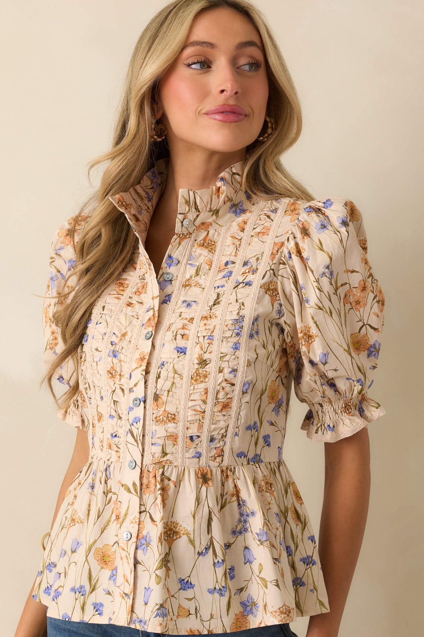 Light Beige Multi Floral Print Peplum Top - All Tops | Red Dress