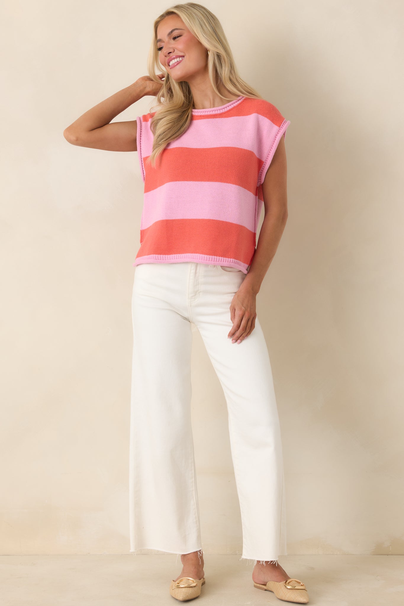 Horizontal stripe top with soft knit texture and polished look.