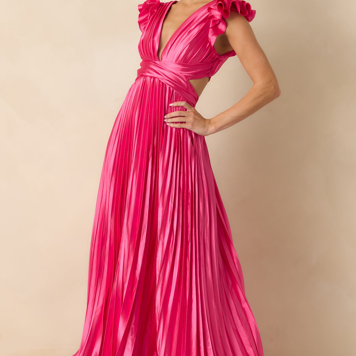 Hot Pink Pleated Satin Lace Back Maxi Dress - Event Dresses | Red Dress Hot Pink Pleated Satin Lace Back Maxi Dress - Event Dresses | Red Dress