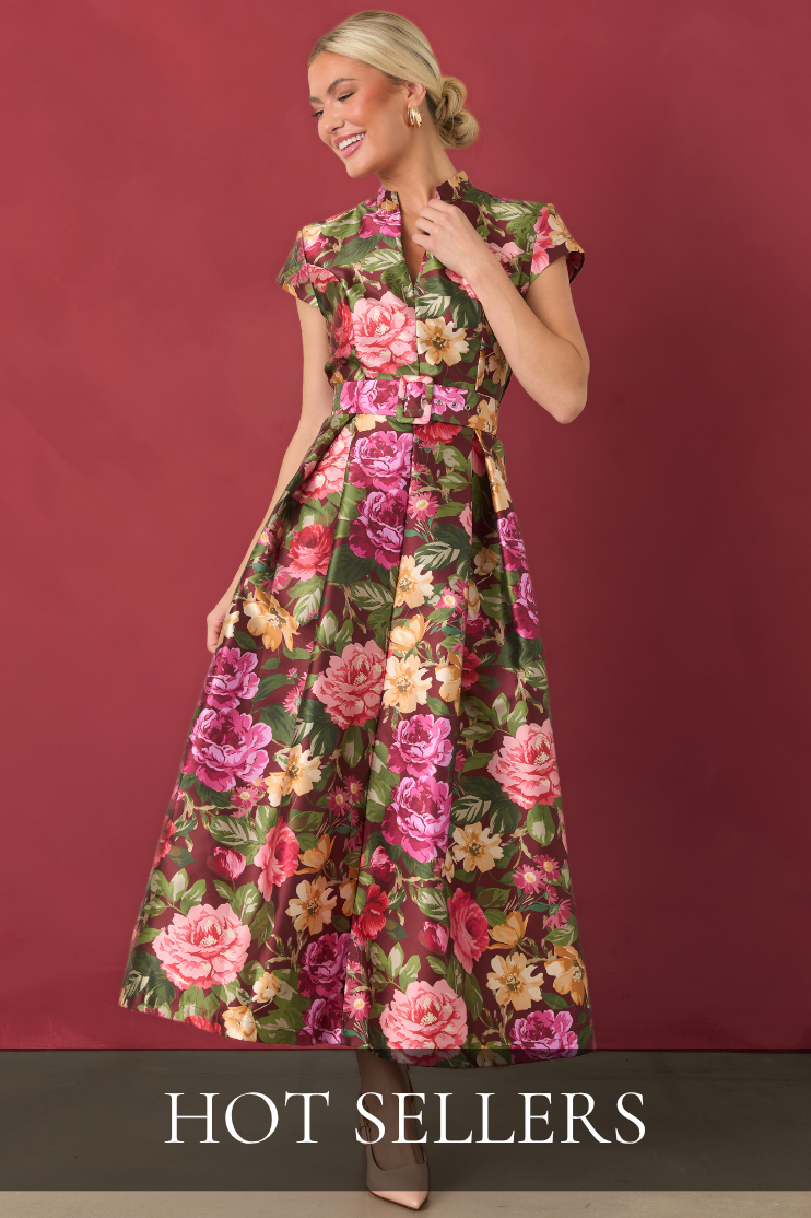 Model wearing floral maxi dress. Text reads: "Hot Sellers."