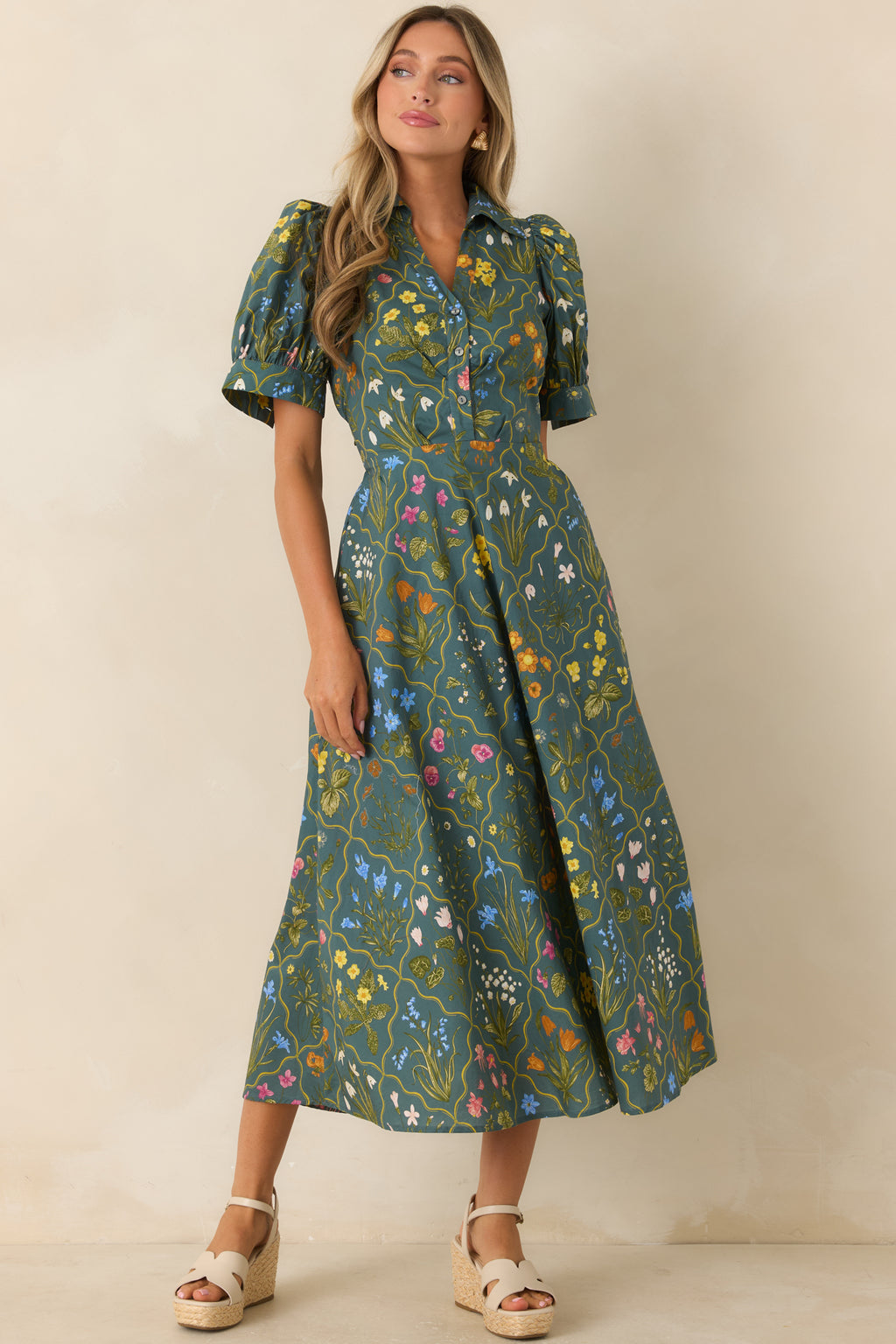 Women's Entro Hidden Garden Hunter Green Multi Floral Cotton Midi Dress | Size: S
