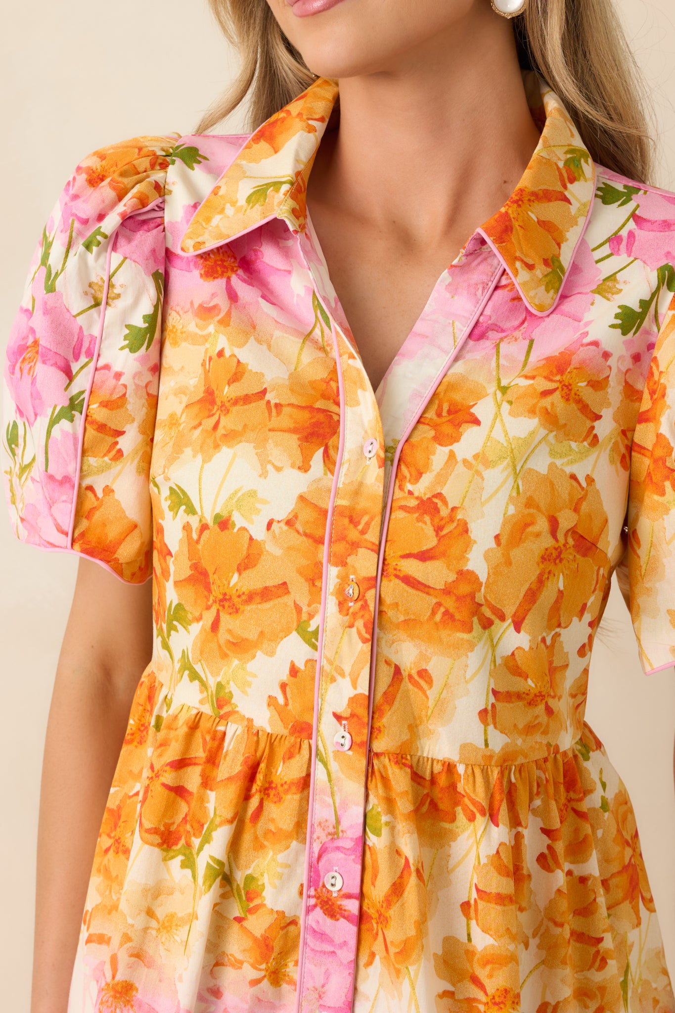 Red Dress | Orange & Pink Floral Cotton Puff Sleeve Mini Dress - All Dresses Red Dress | Orange & Pink Floral Cotton Puff Sleeve Mini Dress - All Dresses