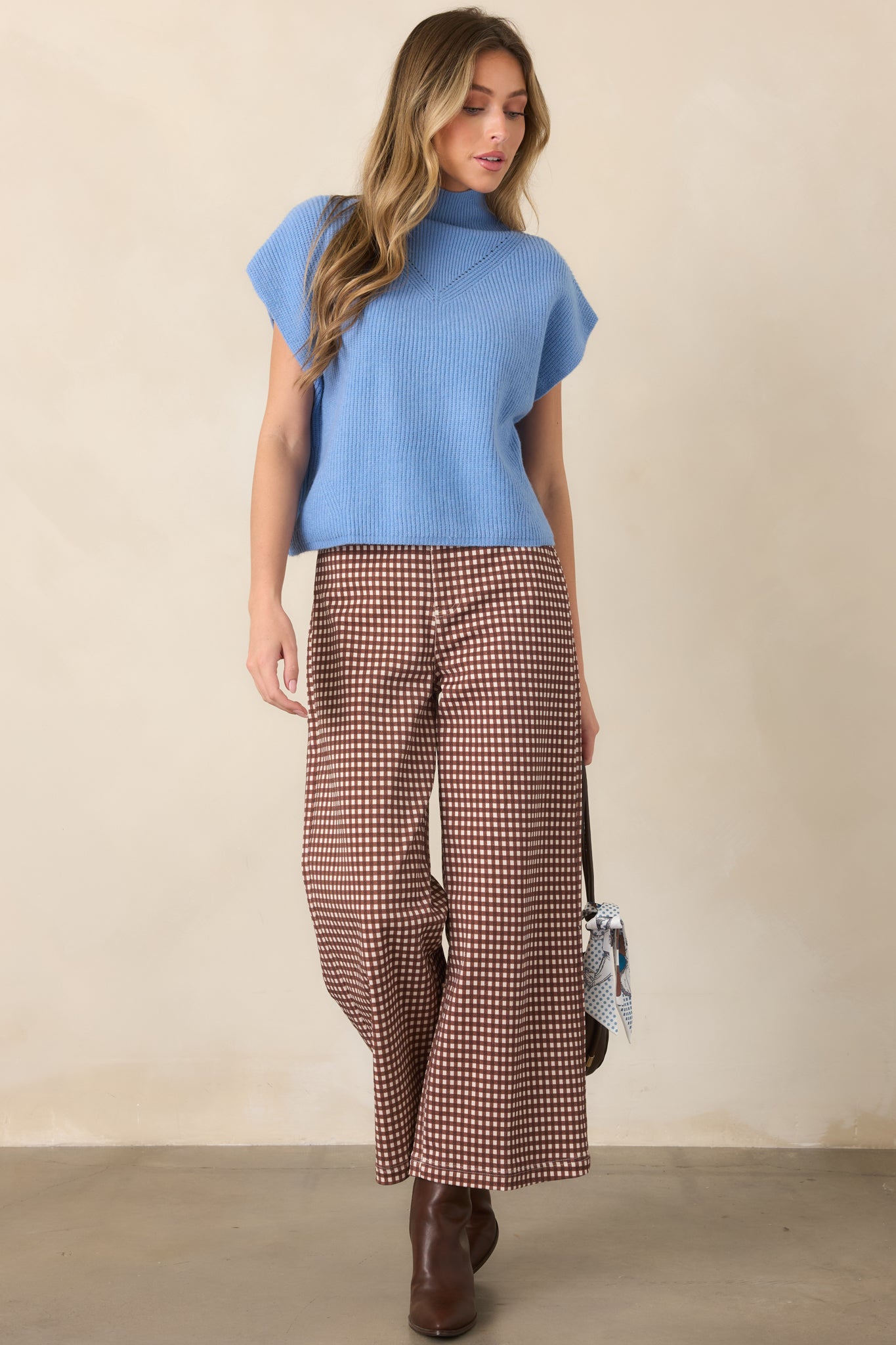 High-rise gingham pants with a timeless brown and ivory check pattern, easy wide-leg shape, and neatly structured waistband.