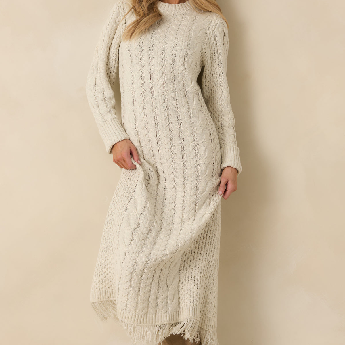 Prosperina Dakota Ivory Cable Knit Sweater Maxi Dress