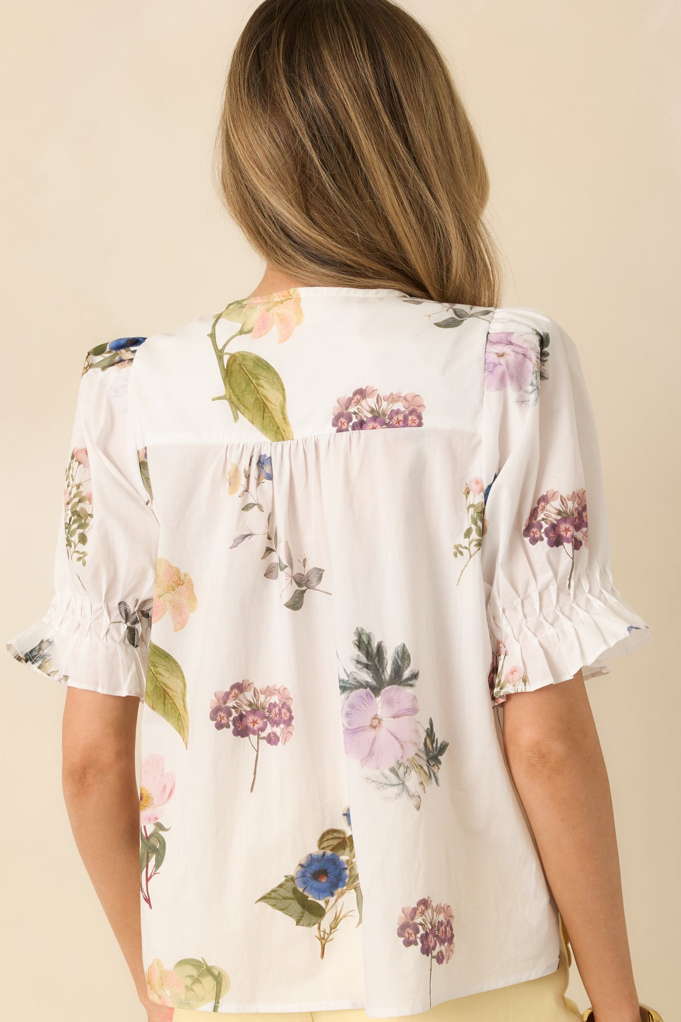 Ivory Multi Floral Print Pintuck Puff Sleeve Blouse - All Tops