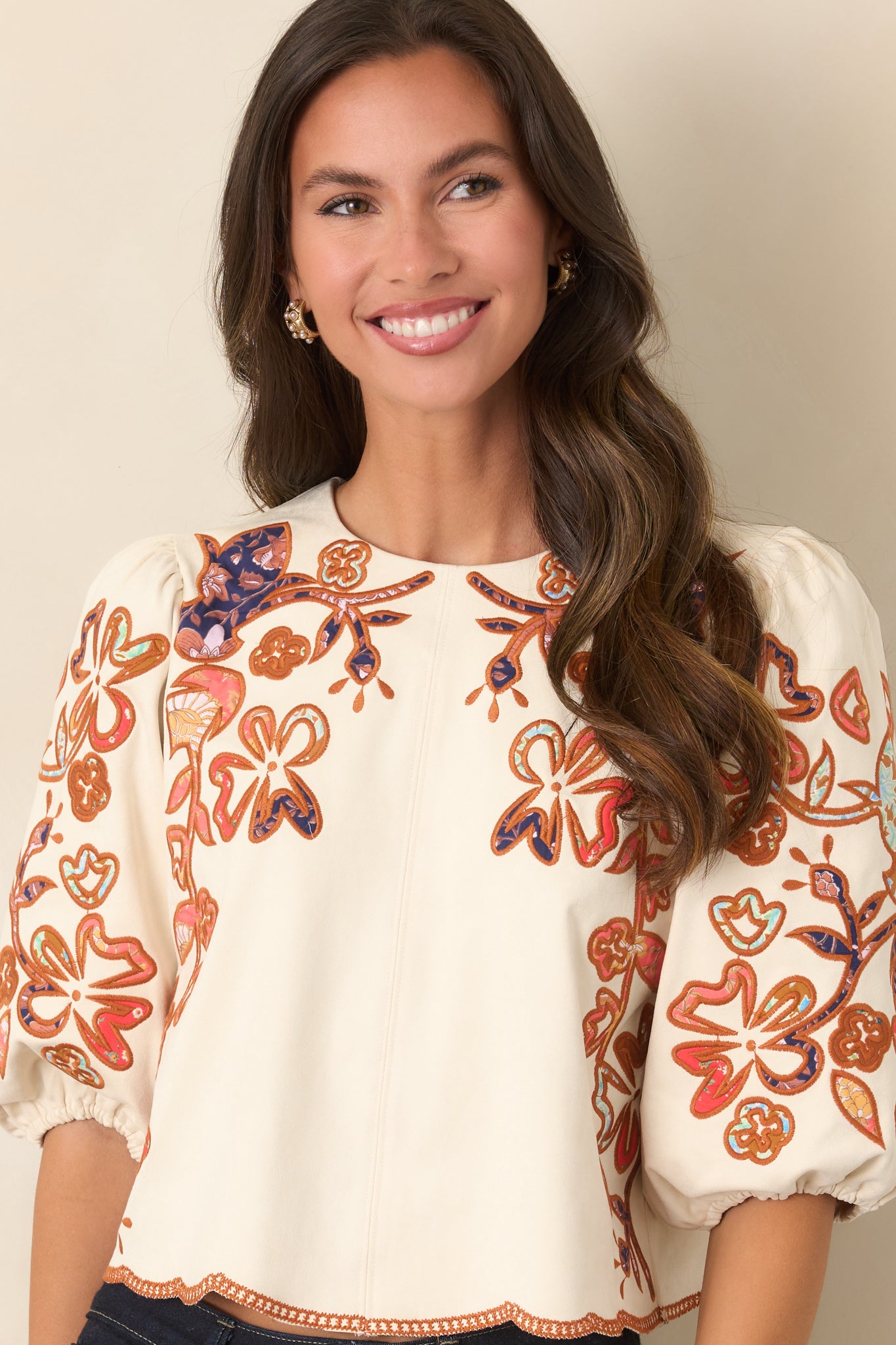 You Know Me So Well Ivory Multi Floral Appliqué Faux Suede Top | THML