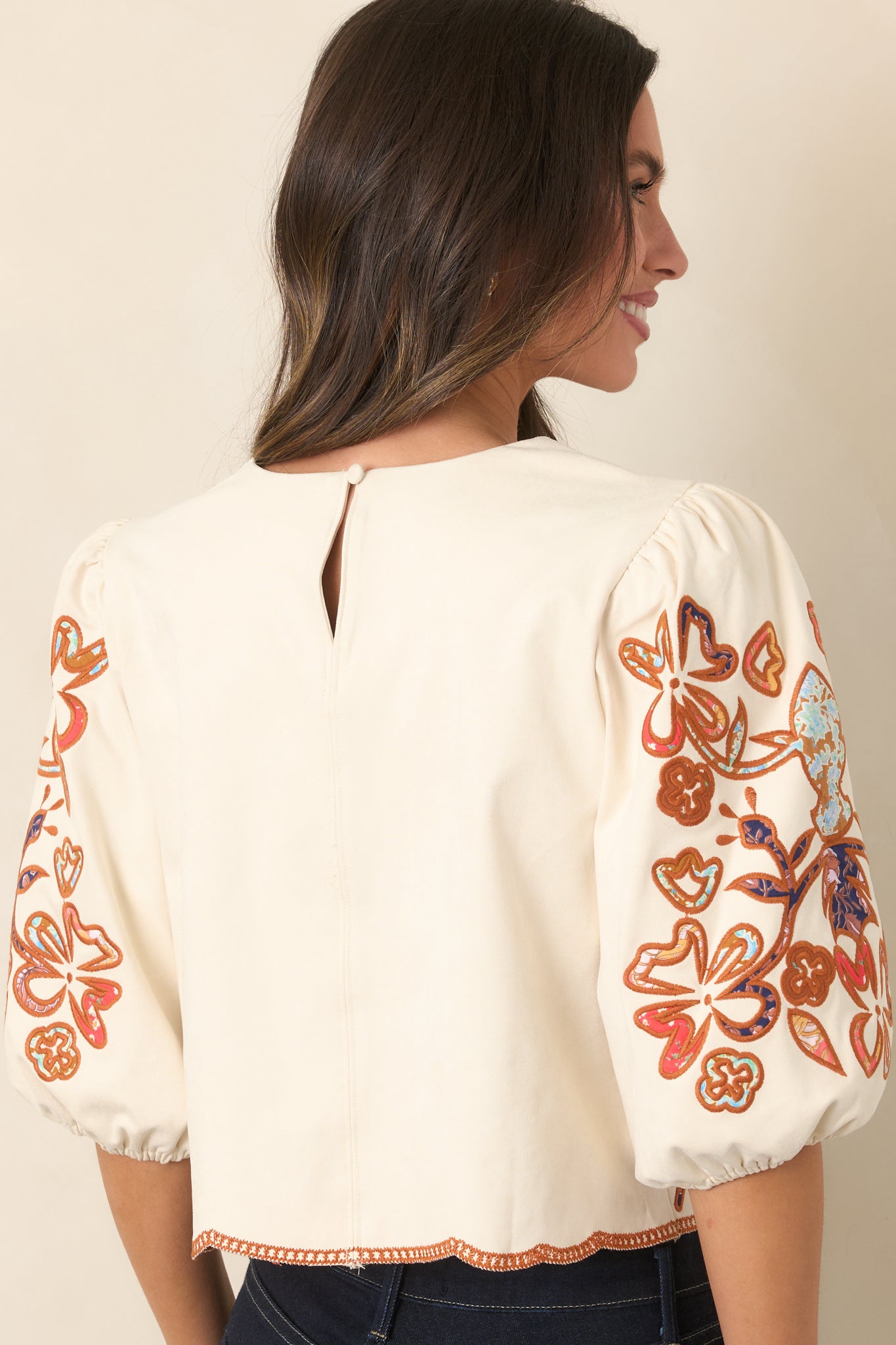 You Know Me So Well Ivory Multi Floral Appliqué Faux Suede Top | THML