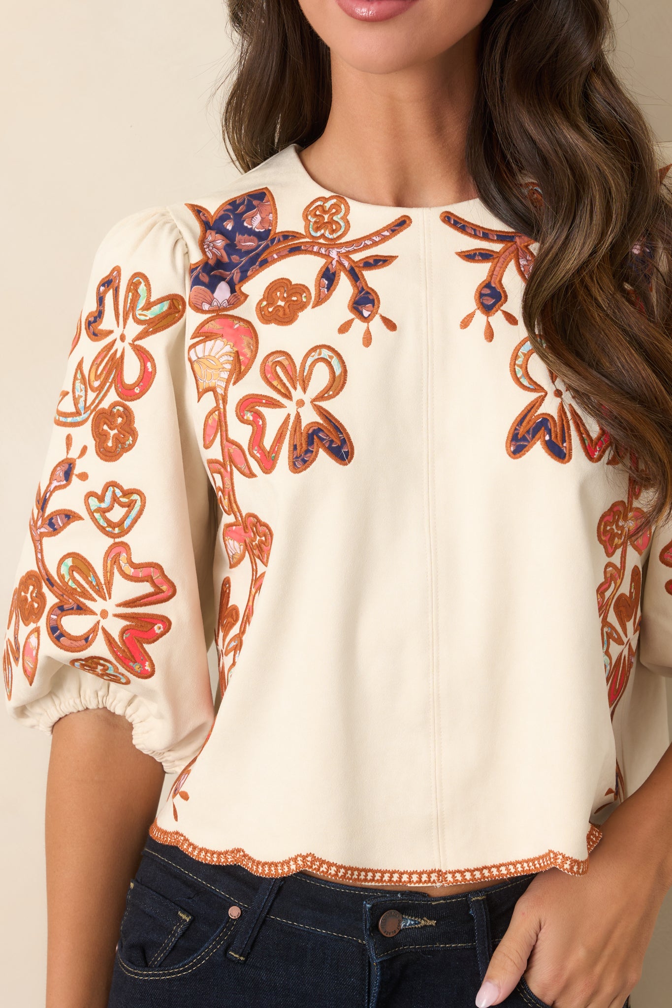 You Know Me So Well Ivory Multi Floral Appliqué Faux Suede Top | THML