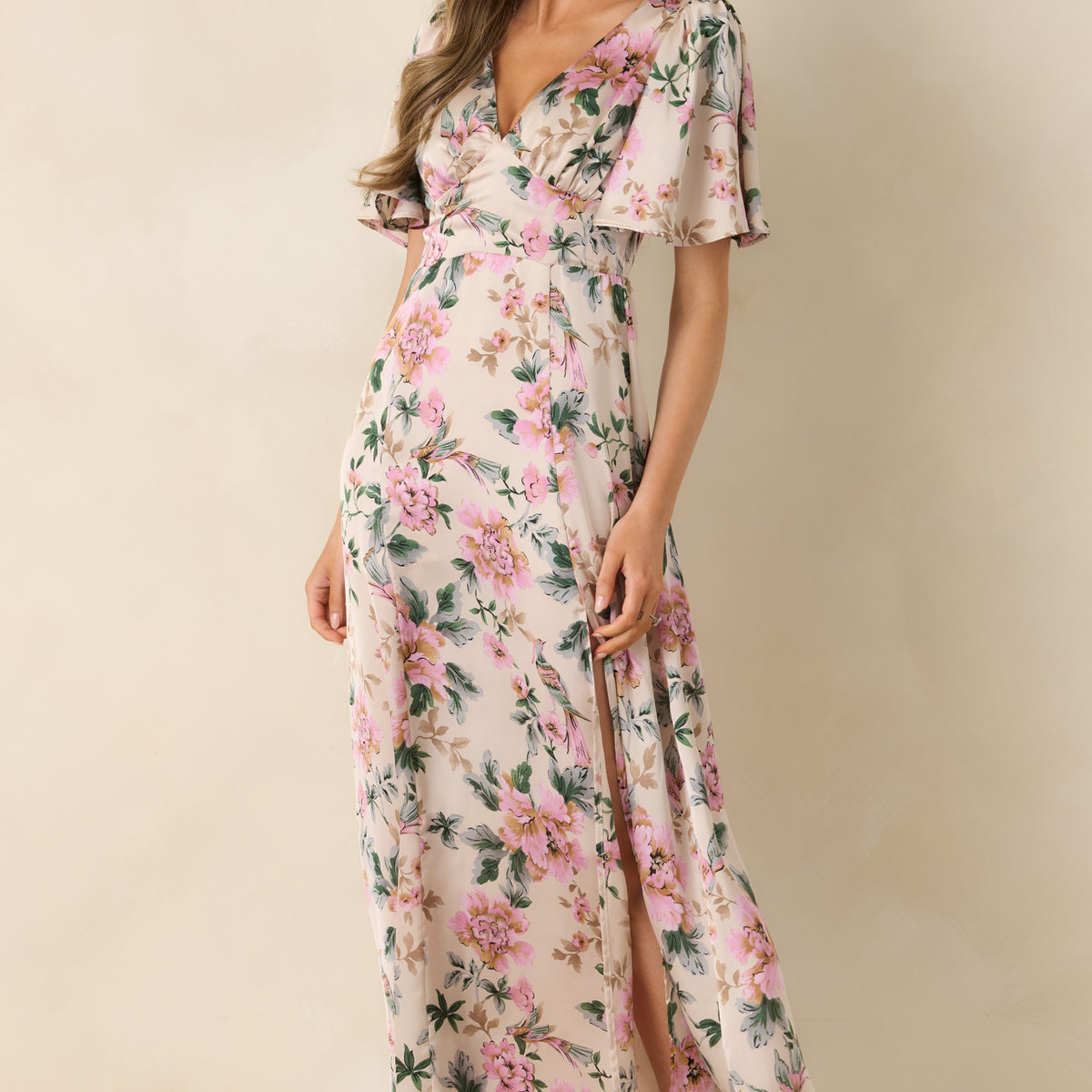 Women's Rosewood Romance Ivory Multi Floral Flutter Sleeve Maxi Dress | Size: L