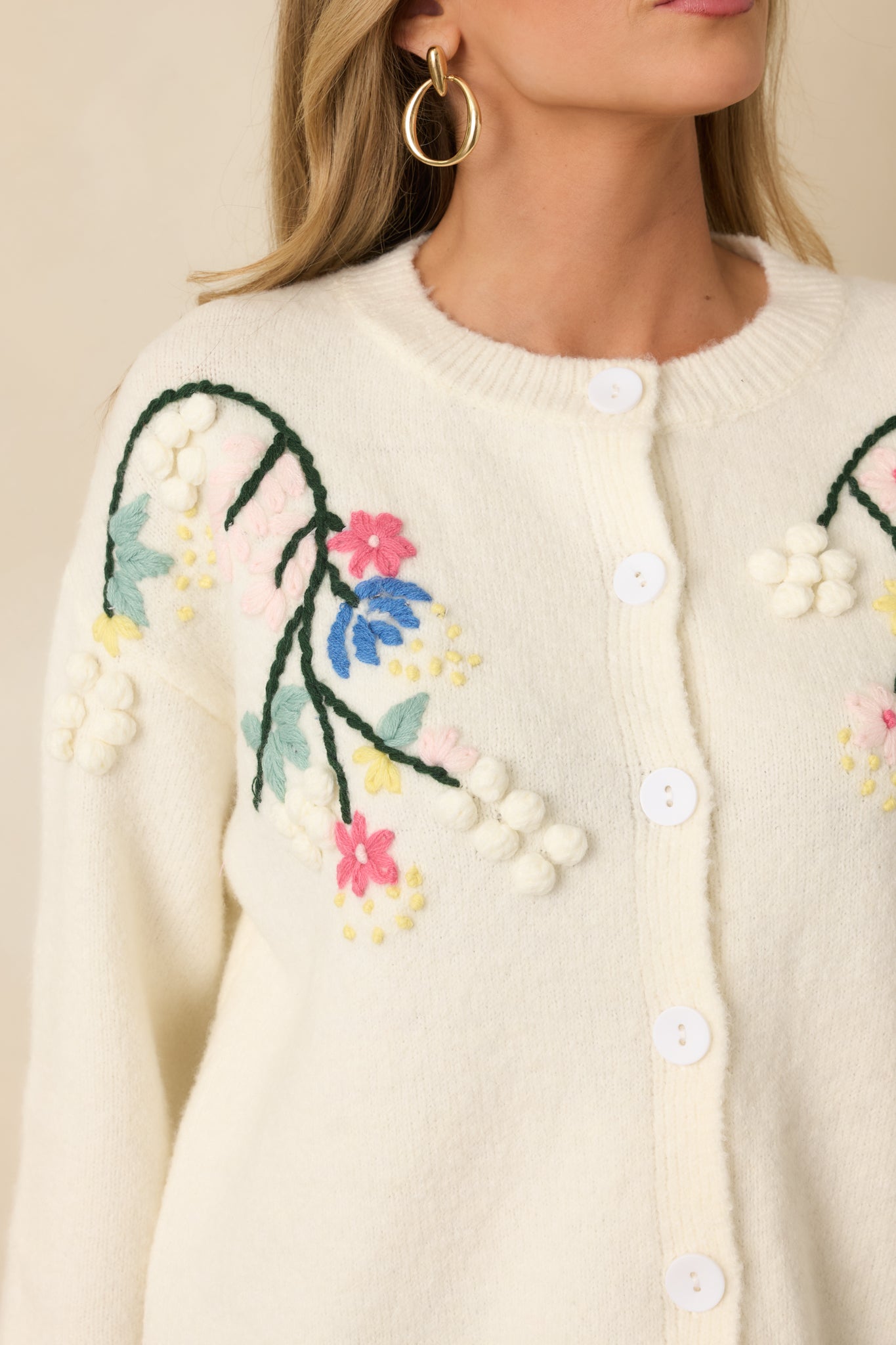 Ivory Multi Knit Floral Embroidered Cardigan Sweater - All Tops