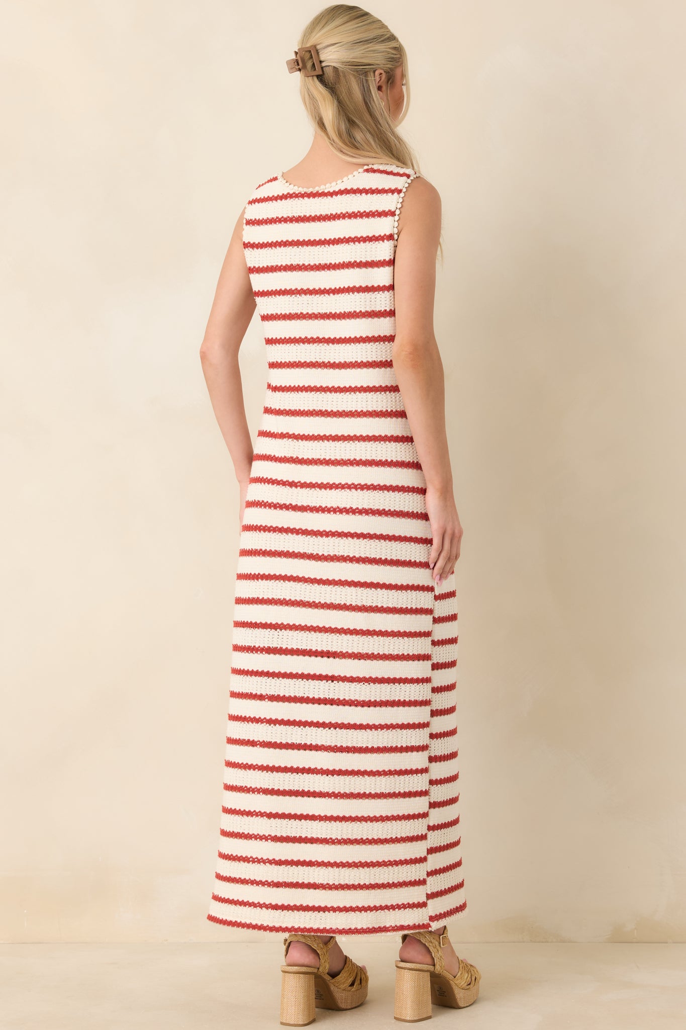 Women's Worth Talking About Red & Ivory Stripe Knit Sleeveless Maxi Dress | Size: S