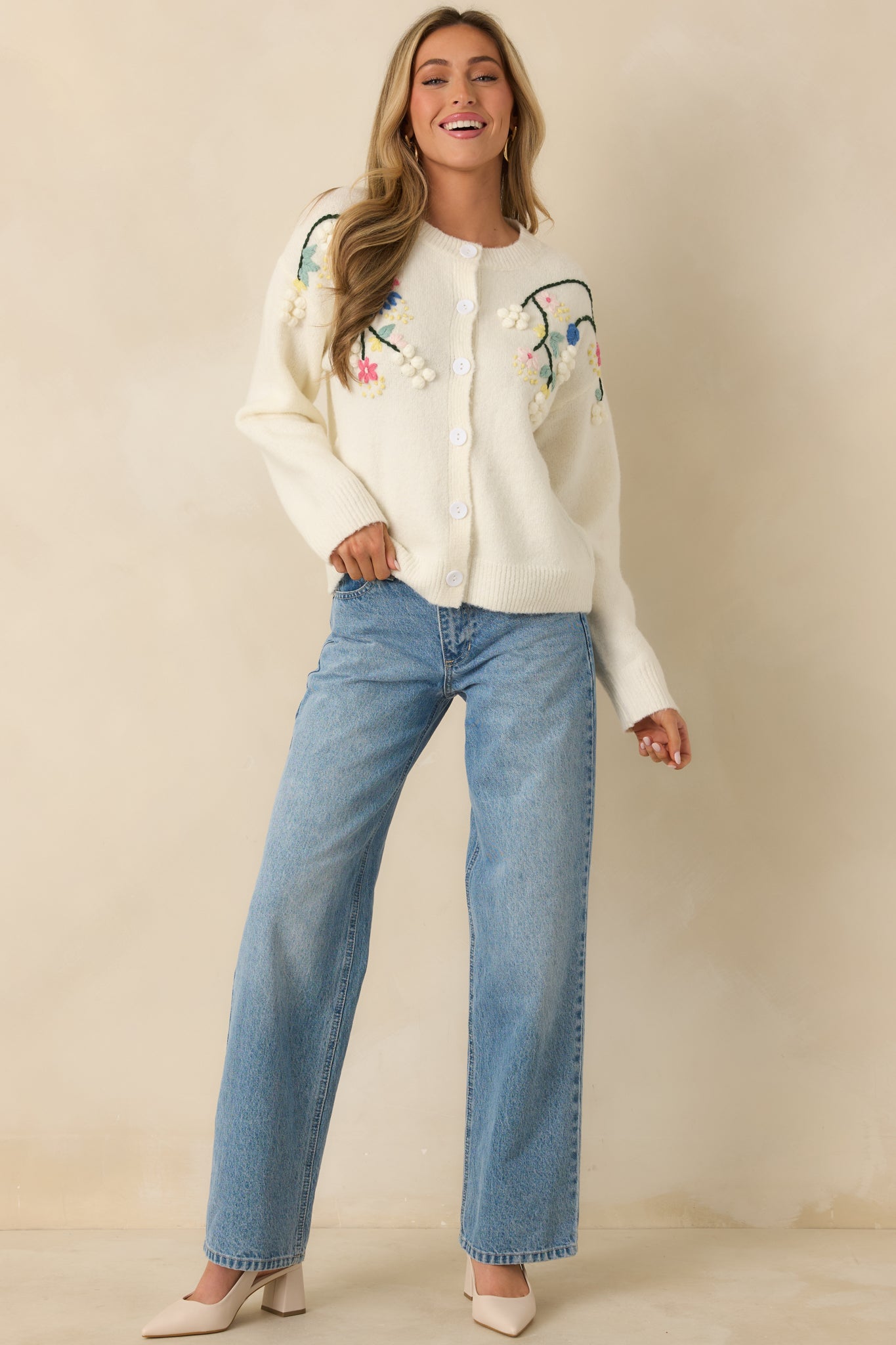 Ivory Multi Knit Floral Embroidered Cardigan Sweater - All Tops