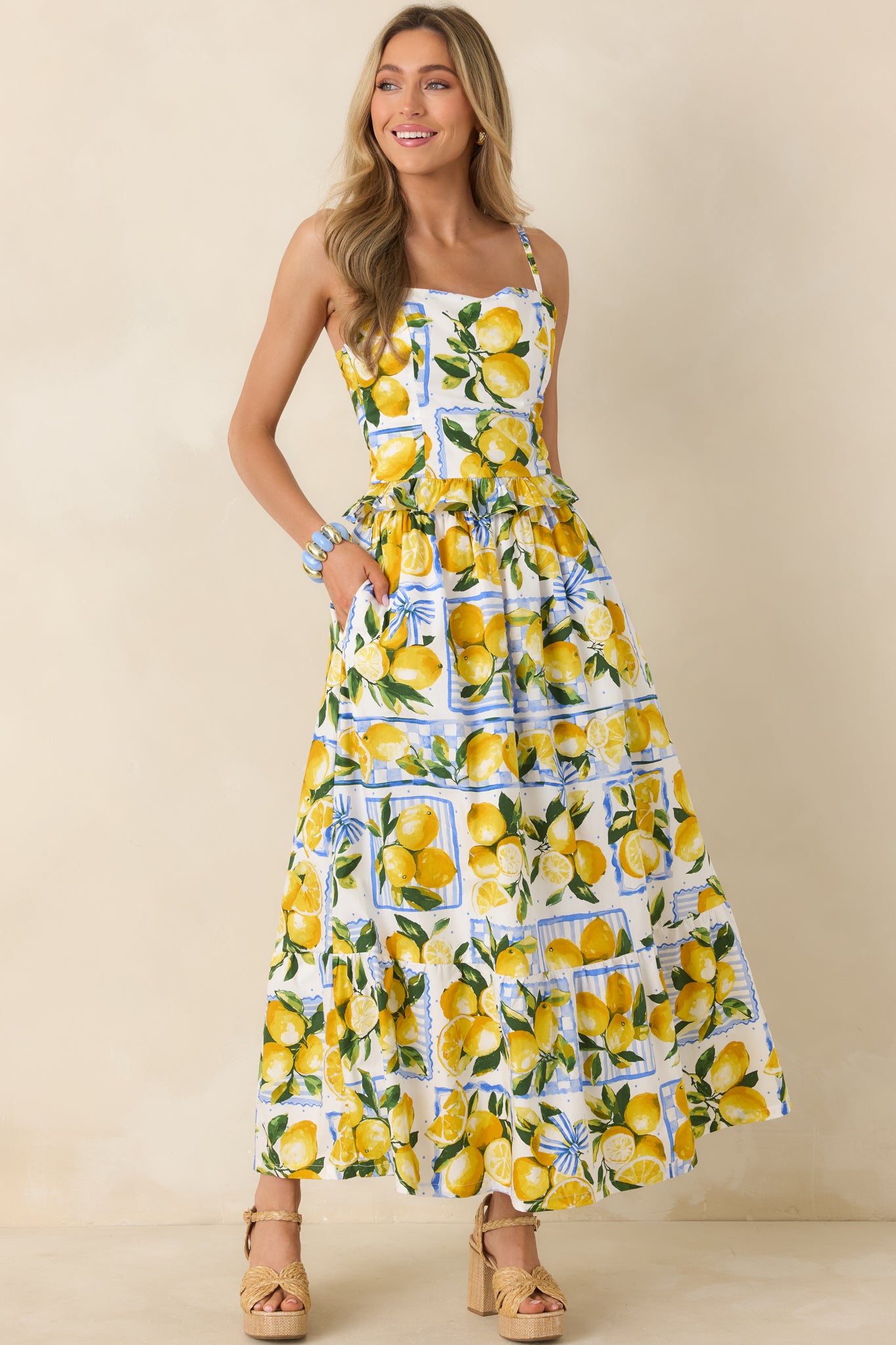 Sweet Citrus Charm White Multi Lemon Print Cotton Maxi Skirt Sweet Citrus Charm White Multi Lemon Print Cotton Maxi Skirt