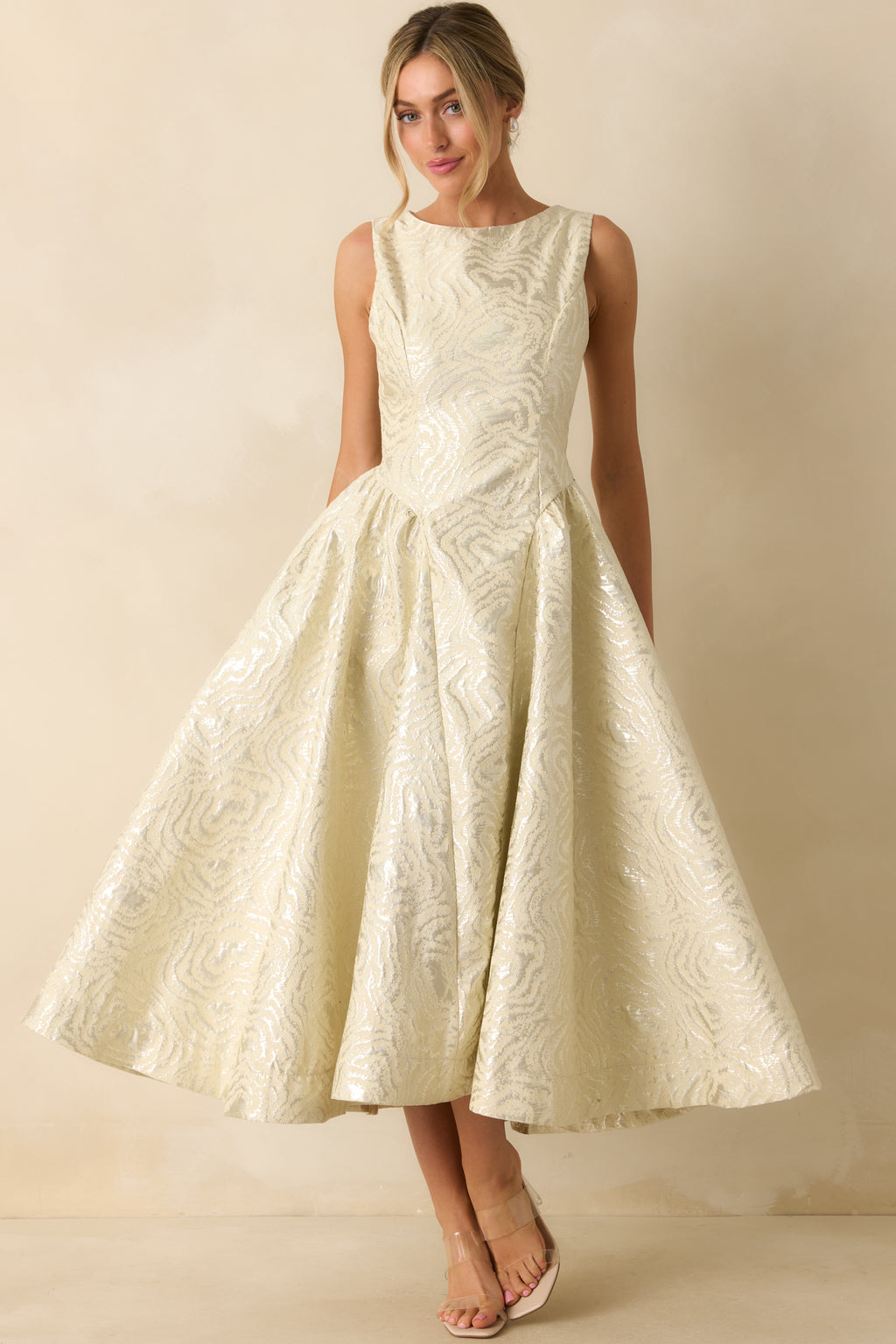 Women's Written in Light Ivory Metallic Jacquard Sleeveless Maxi Dress | Size: M | Red Dress Women's Written in Light Ivory Metallic Jacquard Sleeveless Maxi Dress | Size: M | Red Dress