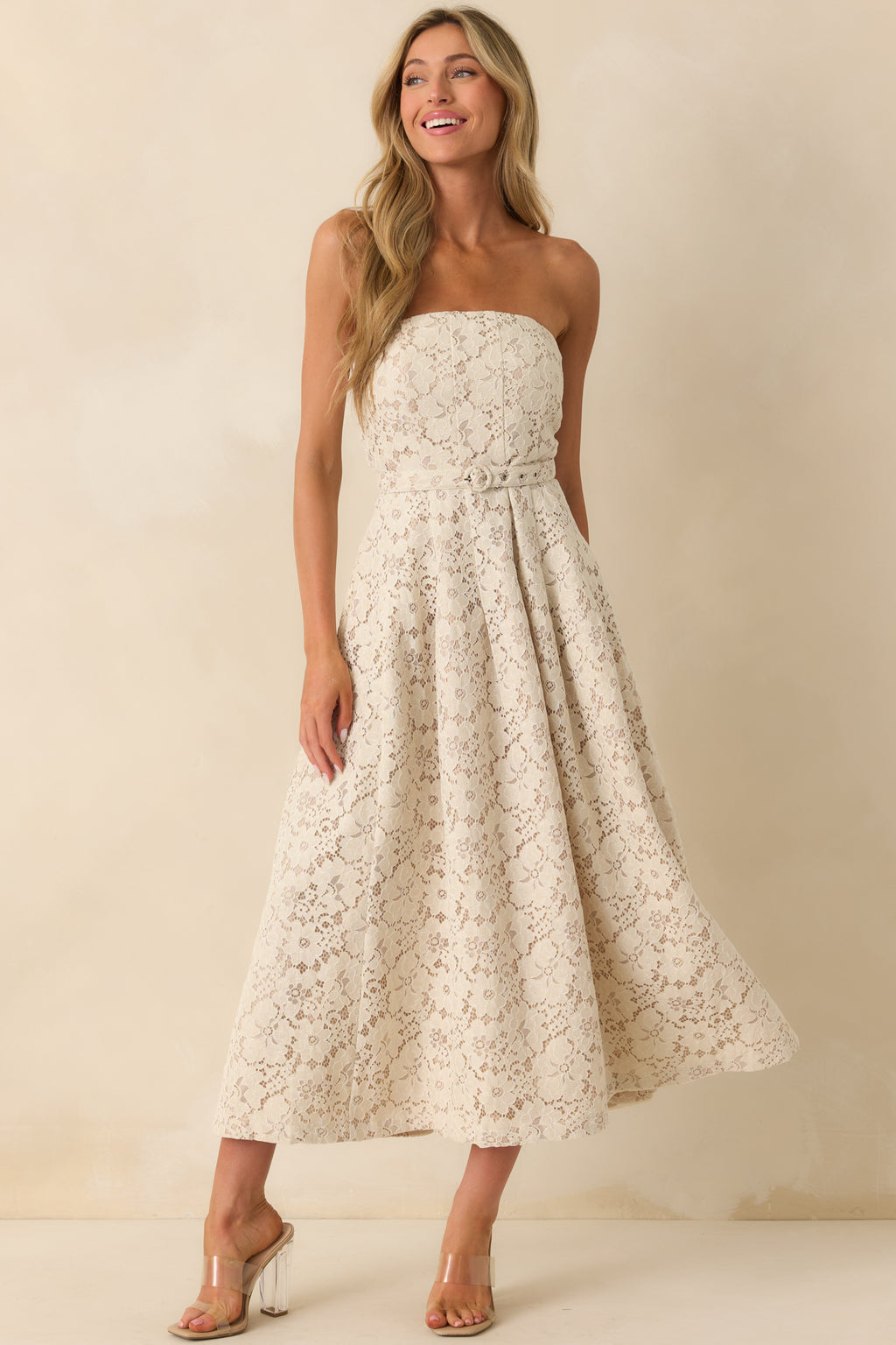chinese dress ladies Belted Ivory Cotton Lace Midi Dress - Strapless Dresses