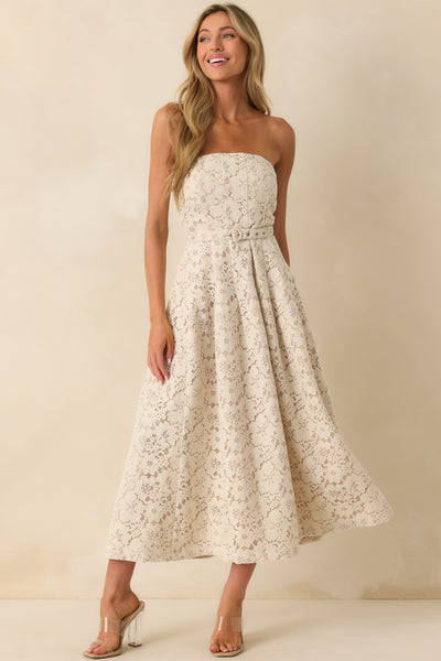 strapless lace midi dress Nude S See more details here. Belted Ivory Cotton Lace Midi