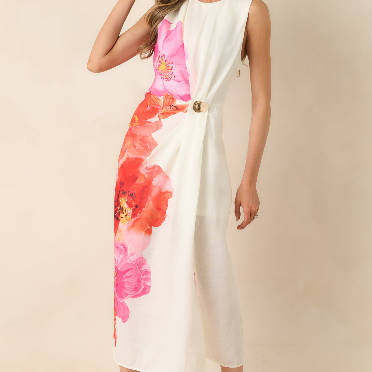 Women's Do a Double Take Ivory Multi Floral Print Midi Dress | Size: L