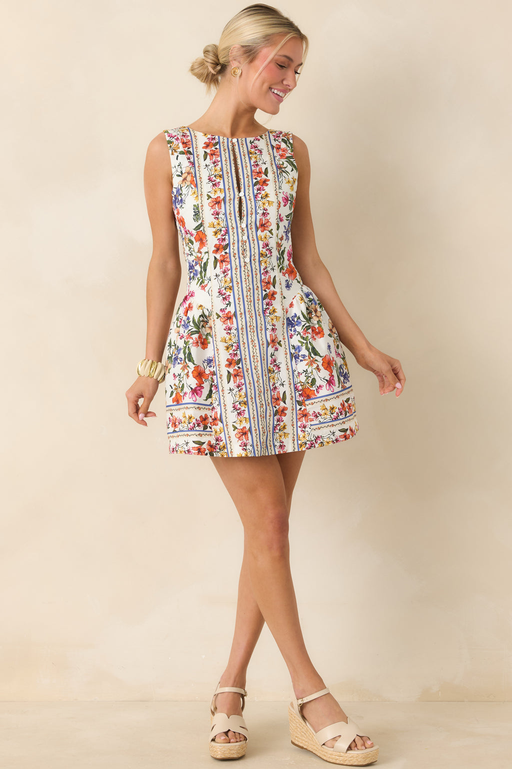 Women's You Look Like Summer Ivory Multi Floral Cotton Sleeveless Mini Dress | Size: S