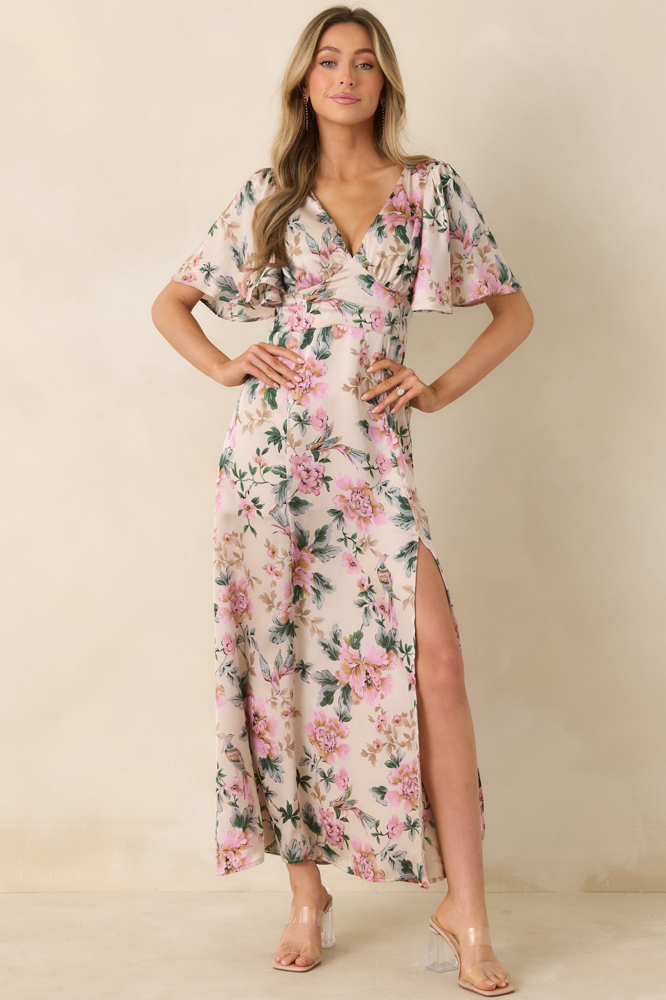 Women's Rosewood Romance Ivory Multi Floral Flutter Sleeve Maxi Dress | Size: L