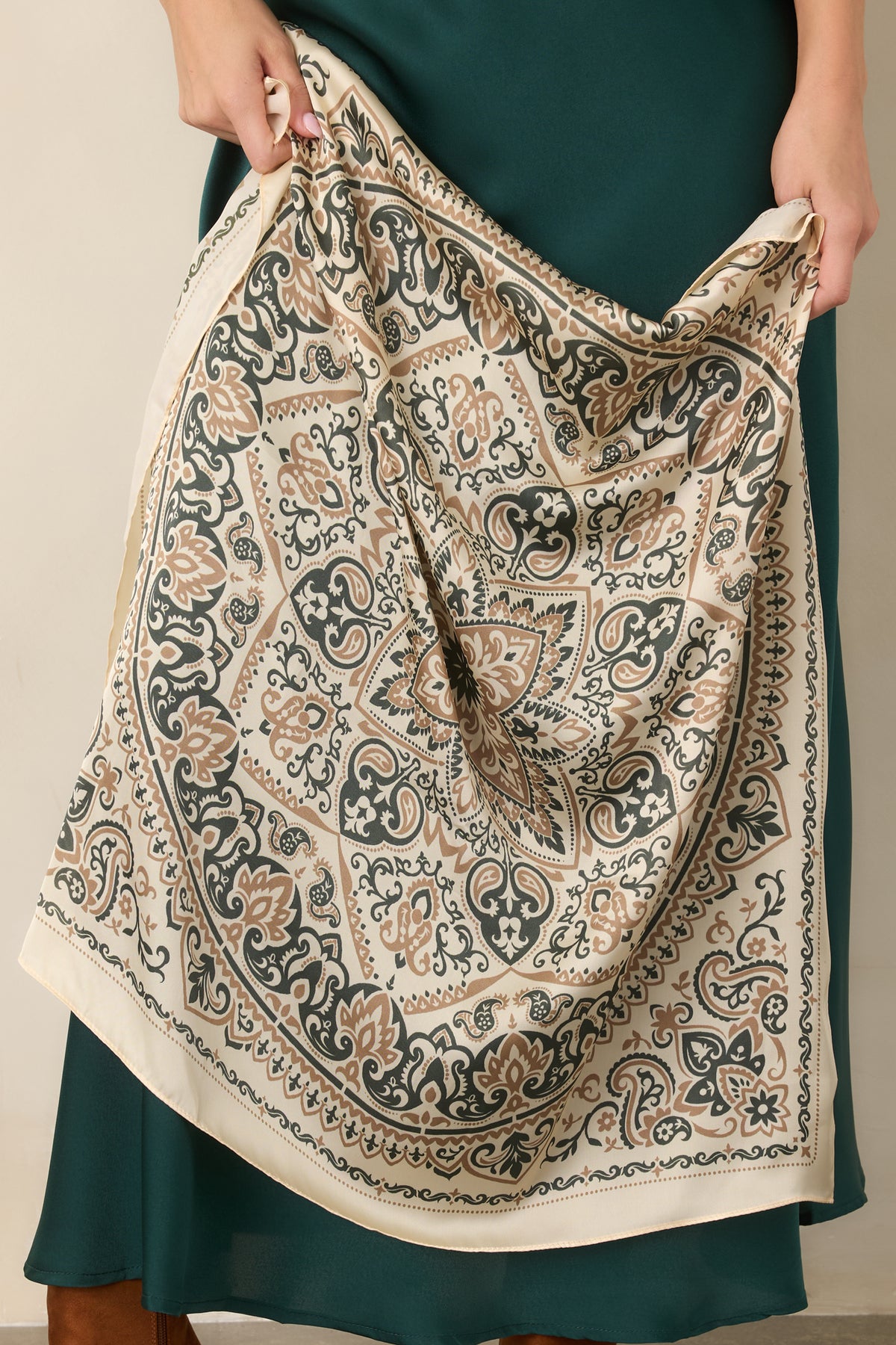 Ivory square scarf decorated with vintage-inspired paisley motifs, floral medallions, scrolling patterns, and a detailed ornamental border.
