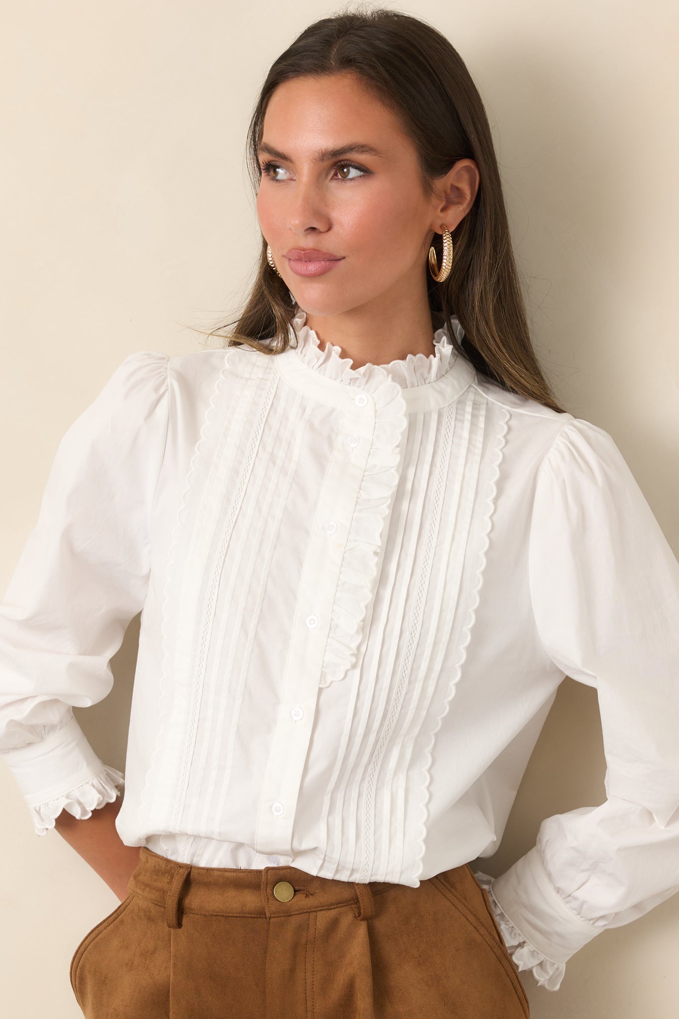 Up In The Air Ivory Ruffle Pintuck Button-Up Blouse | Red Dress