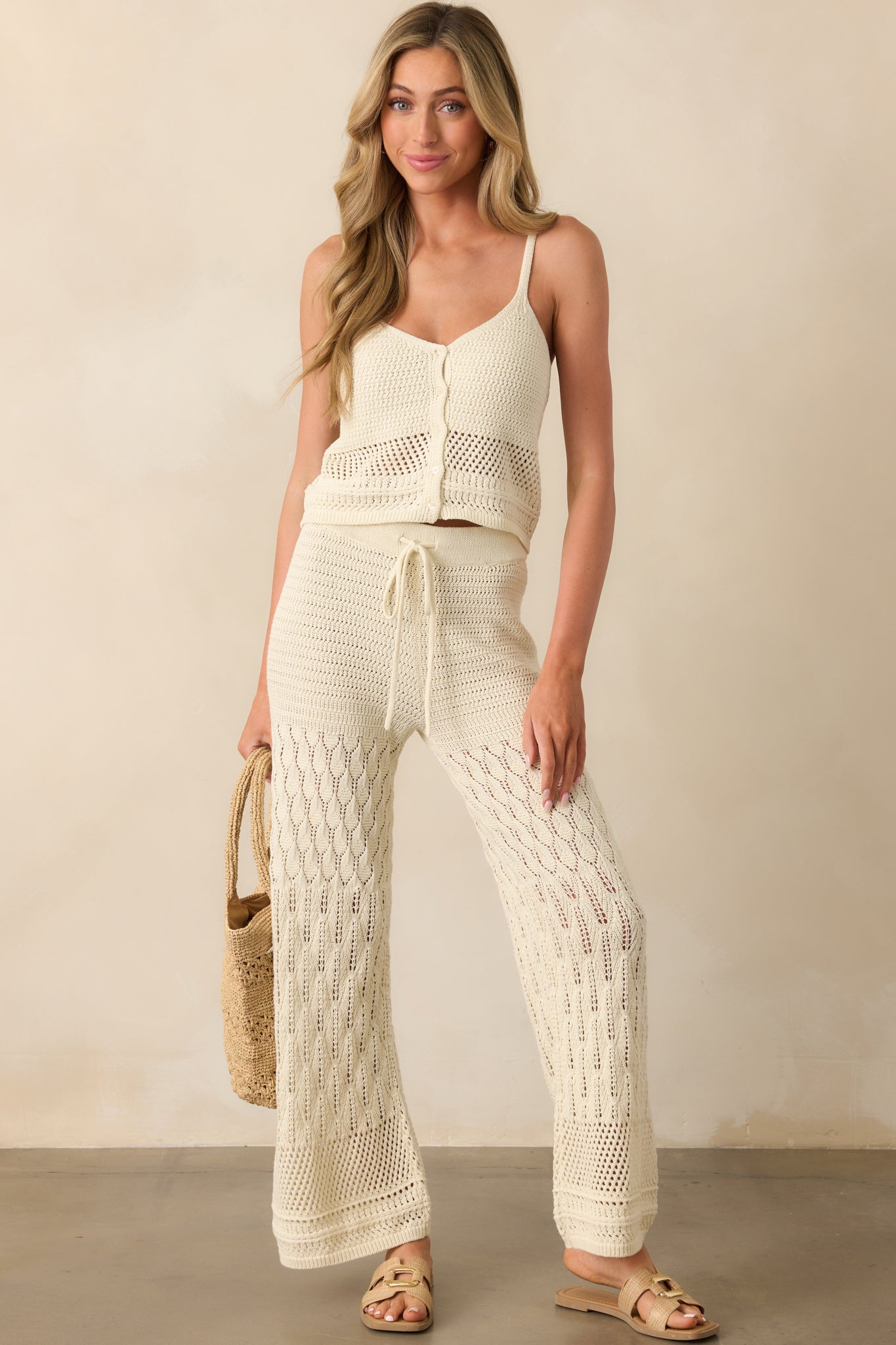  Ivory V-neck tank in a full-body view, showing the delicate crochet fabric and casual silhouette.