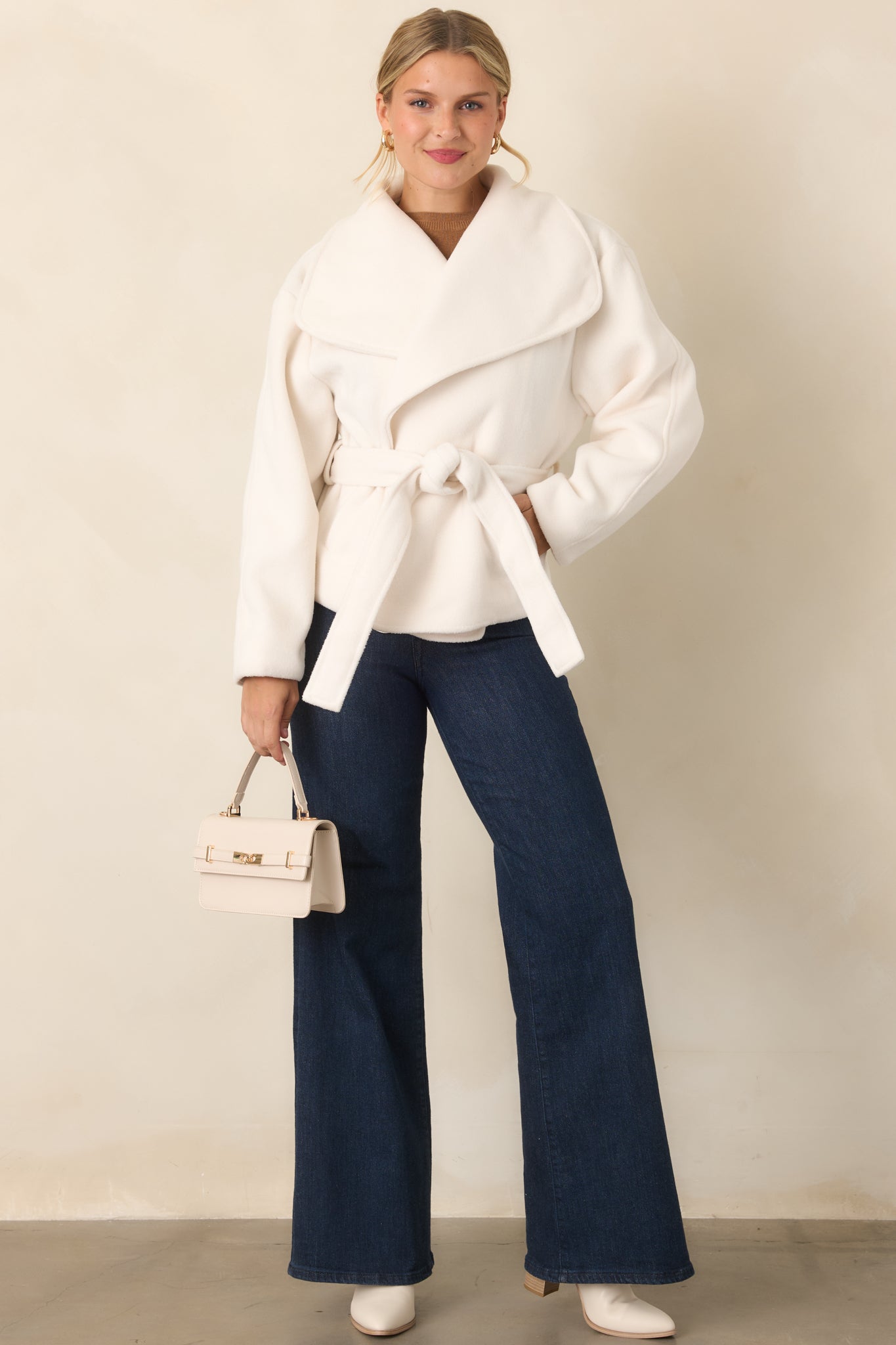 Nicole Ivory Plush Tie Belt Wrap Jacket | Elevator Disco