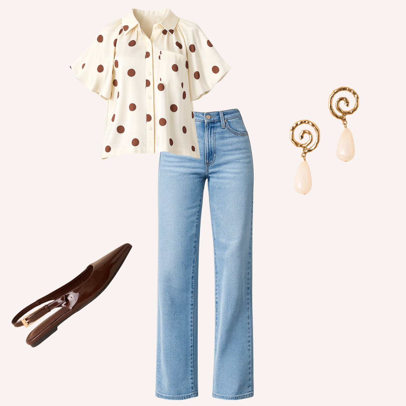 Cutout of a polka dot shirt, jeans, and shoe against a beige background.