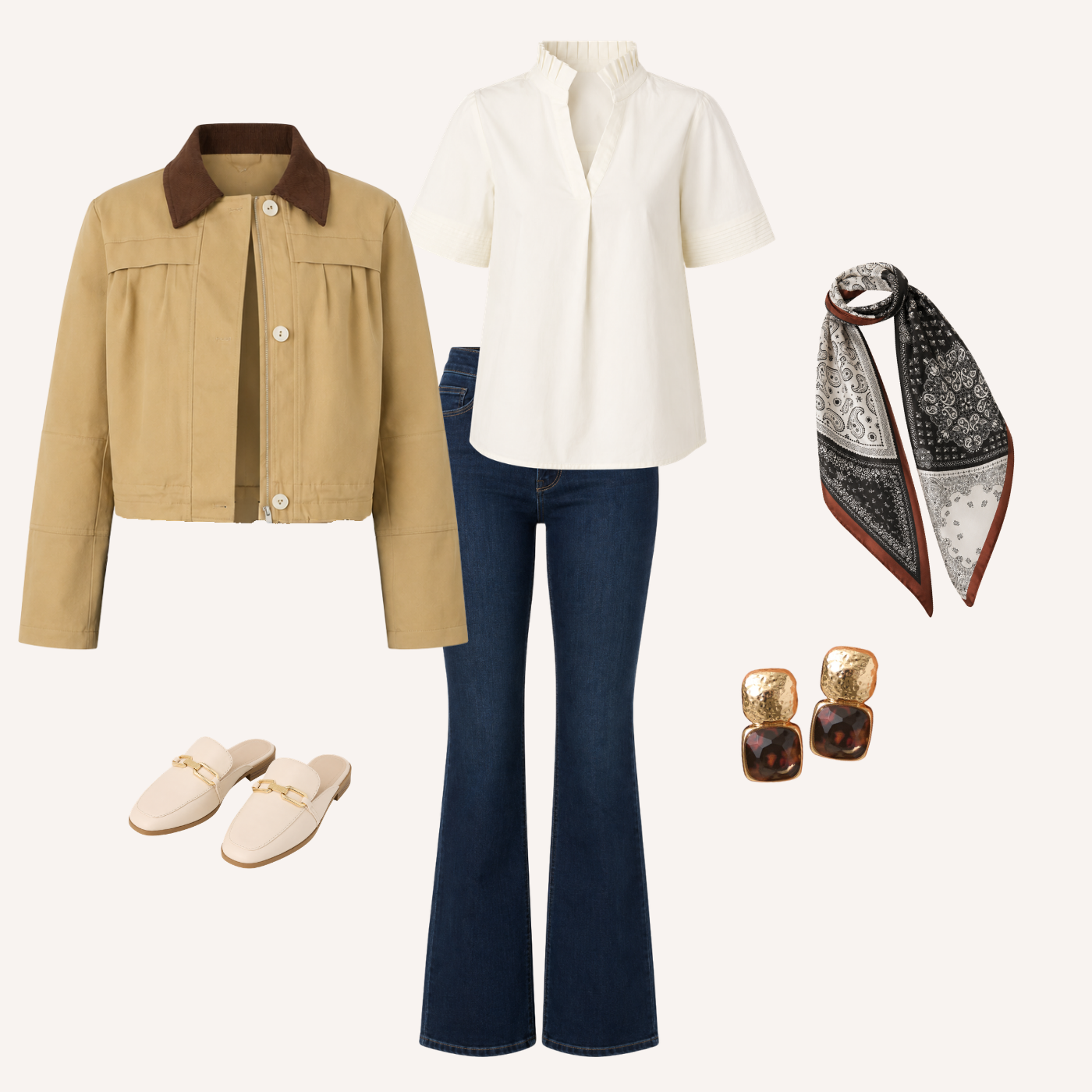 Cutout of jeans, a white blouse, and a jacket against a beige background. 
