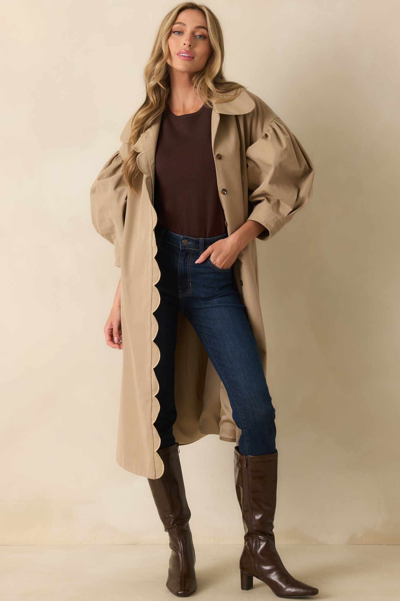 Khaki coat featuring scalloped edge detailing and an effortless drape.