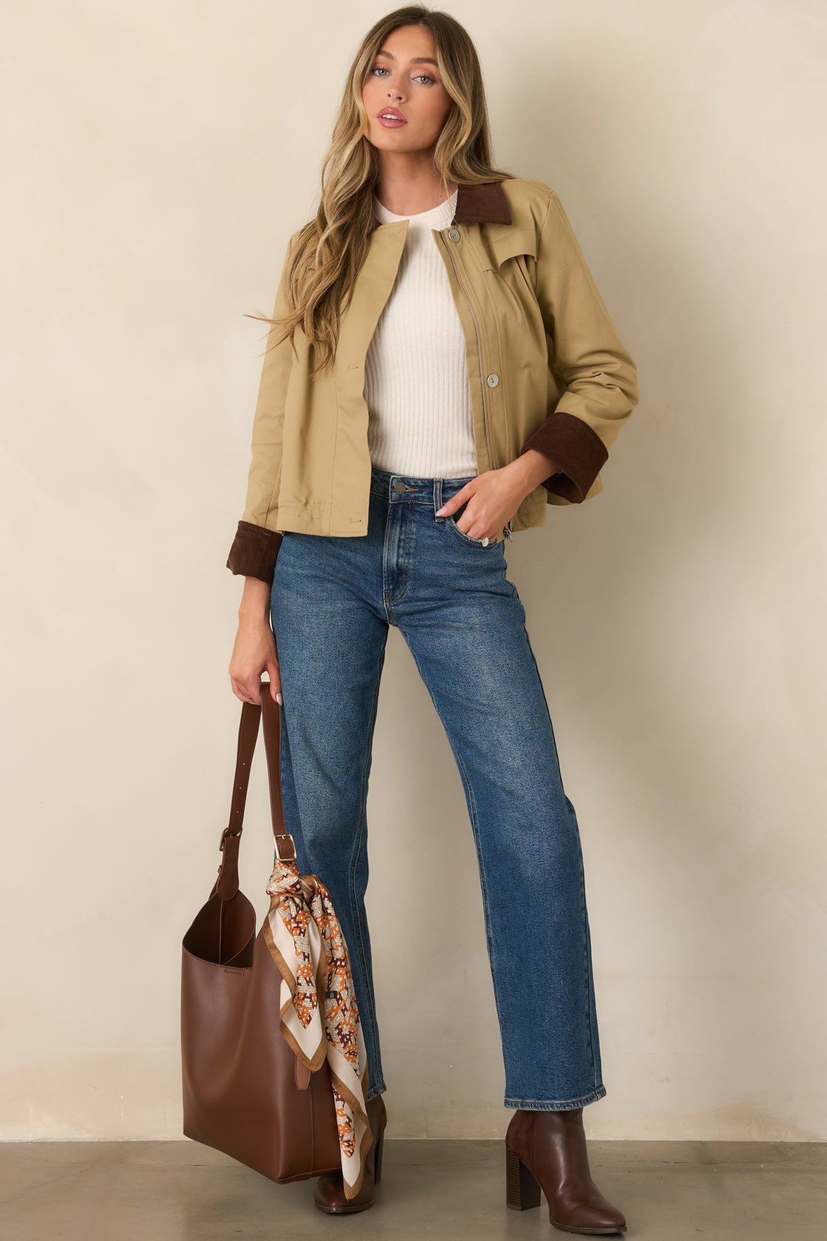Khaki stretch cotton-blend jacket featuring a contrasting brown corduroy collar and relaxed, structured fit.