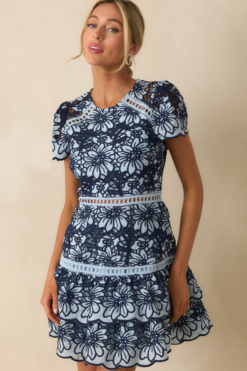 Blue Multi Floral Embroidered Lace Dress - Mini Dresses