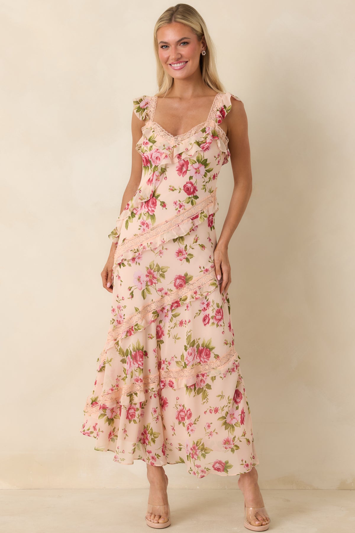 Red Dress | Rose Pink Floral Ruffle Trim Midi Dress - All Dresses