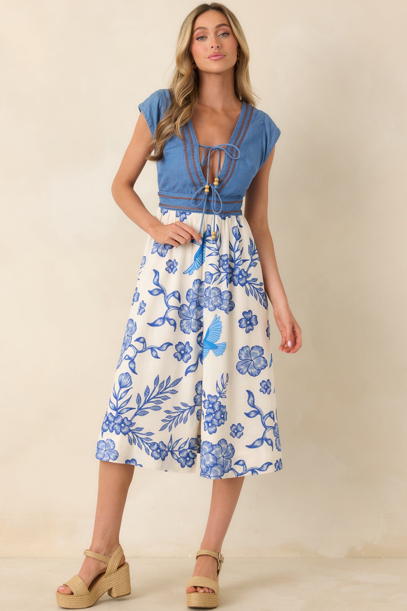 Women's Aubrey Ivory & Blue Floral Denim Bodice Midi Dress | Size: L