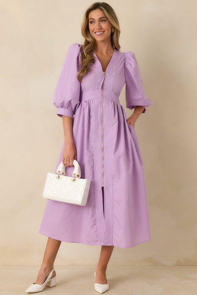 mauve midi dress with sleeves To Be Fair Lavender Blouson Sleeve Zip Up races or formal gatherings. SIZE:10 US - 29 MX miyake Pilcro Aly 100% Linen