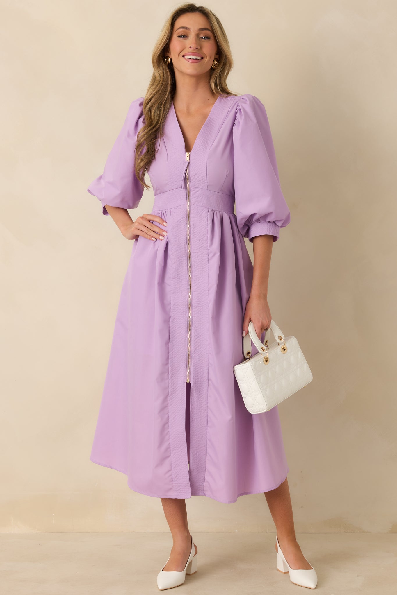 midi blouson dress To Be Fair Lavender Blouson Sleeve Zip Up Midi Dress
